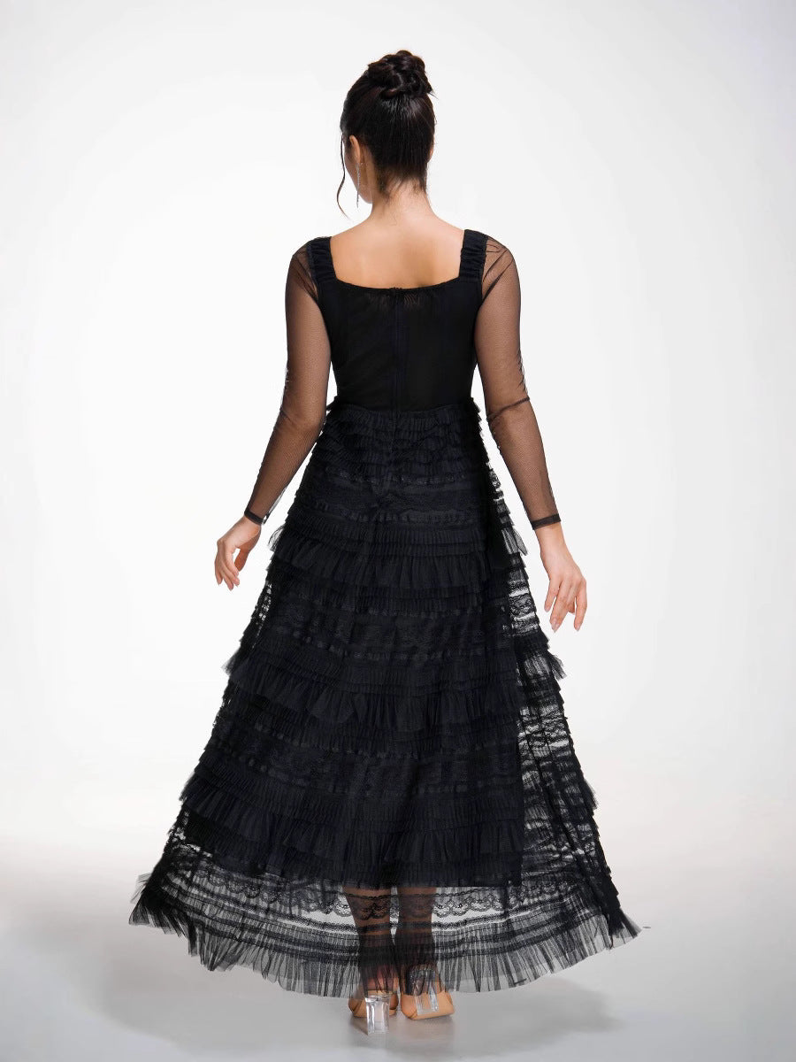 A Line Elegant Square Neck See Through Long Sleeves Black Prom Dress