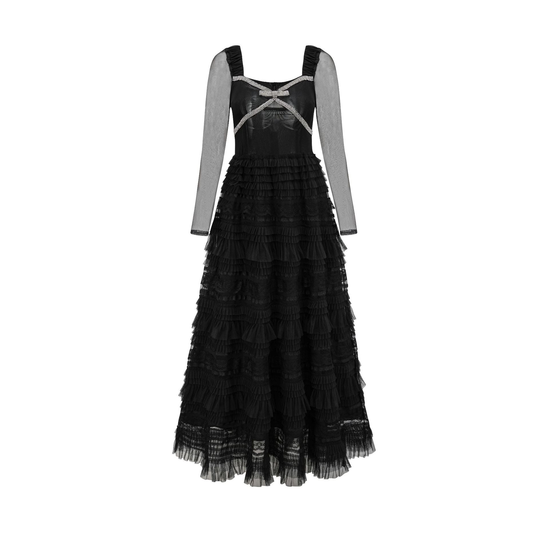A Line Elegant Square Neck See Through Long Sleeves Black Prom Dress