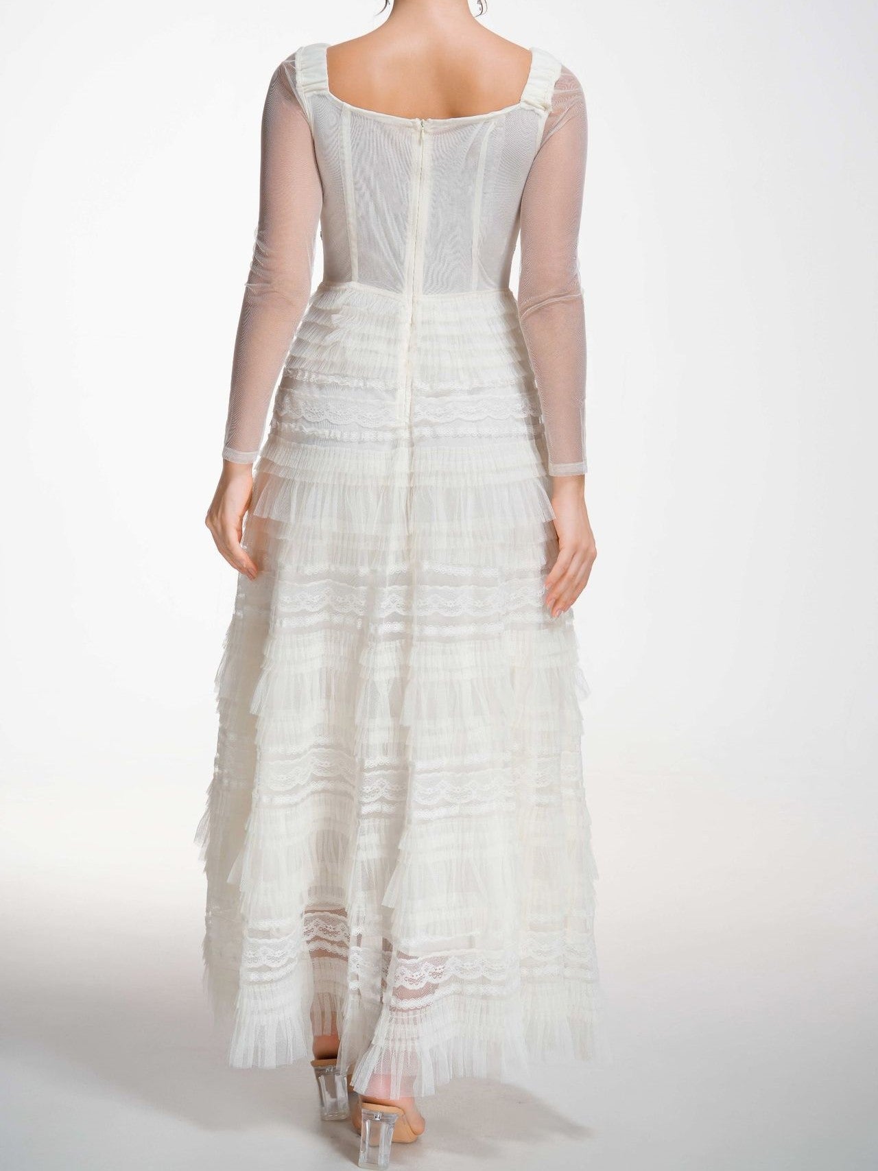 A Line Elegant Square Neck See Through Long Sleeves Apricot Prom Dress