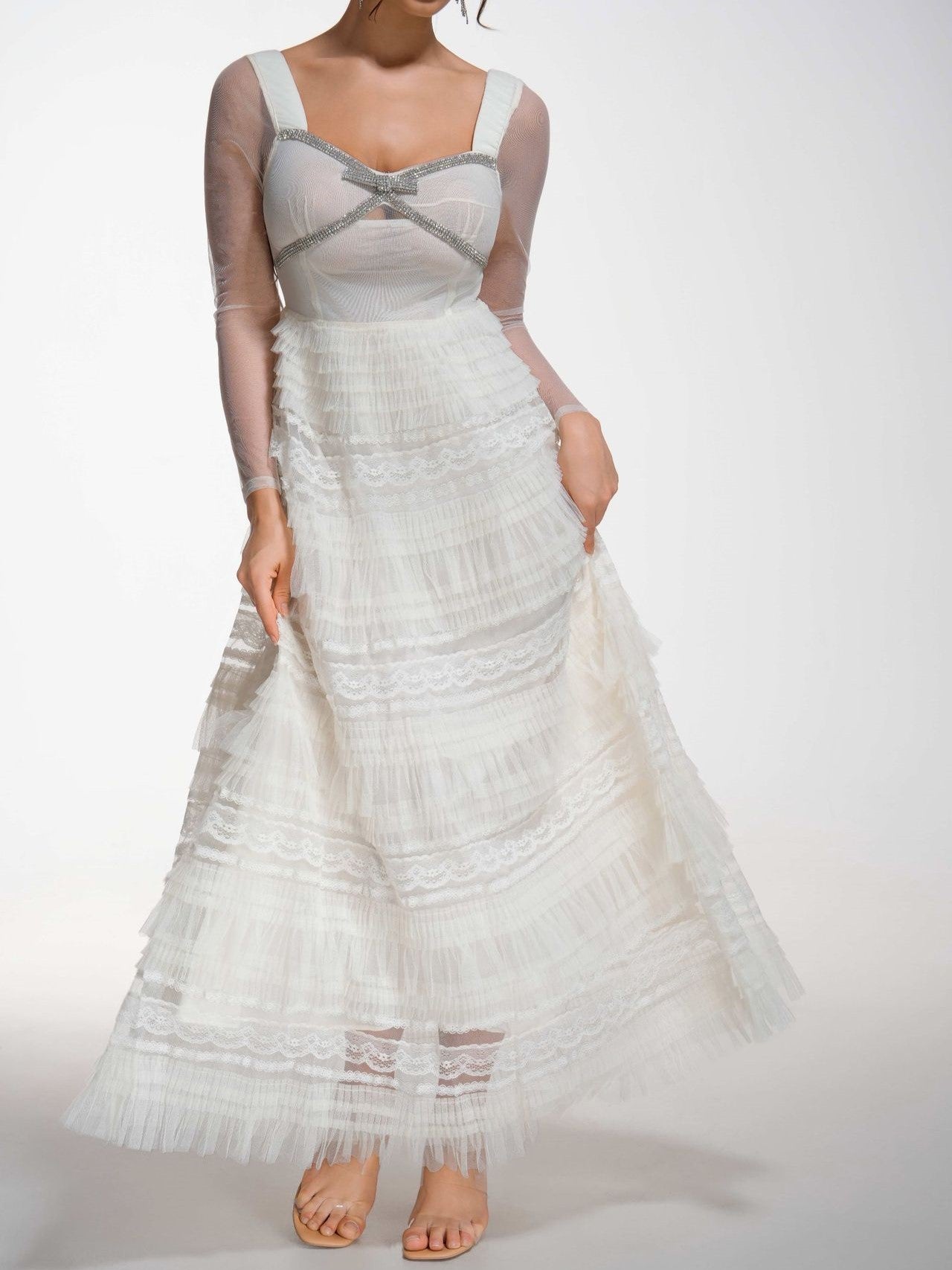 A Line Elegant Square Neck See Through Long Sleeves Apricot Formal Dress