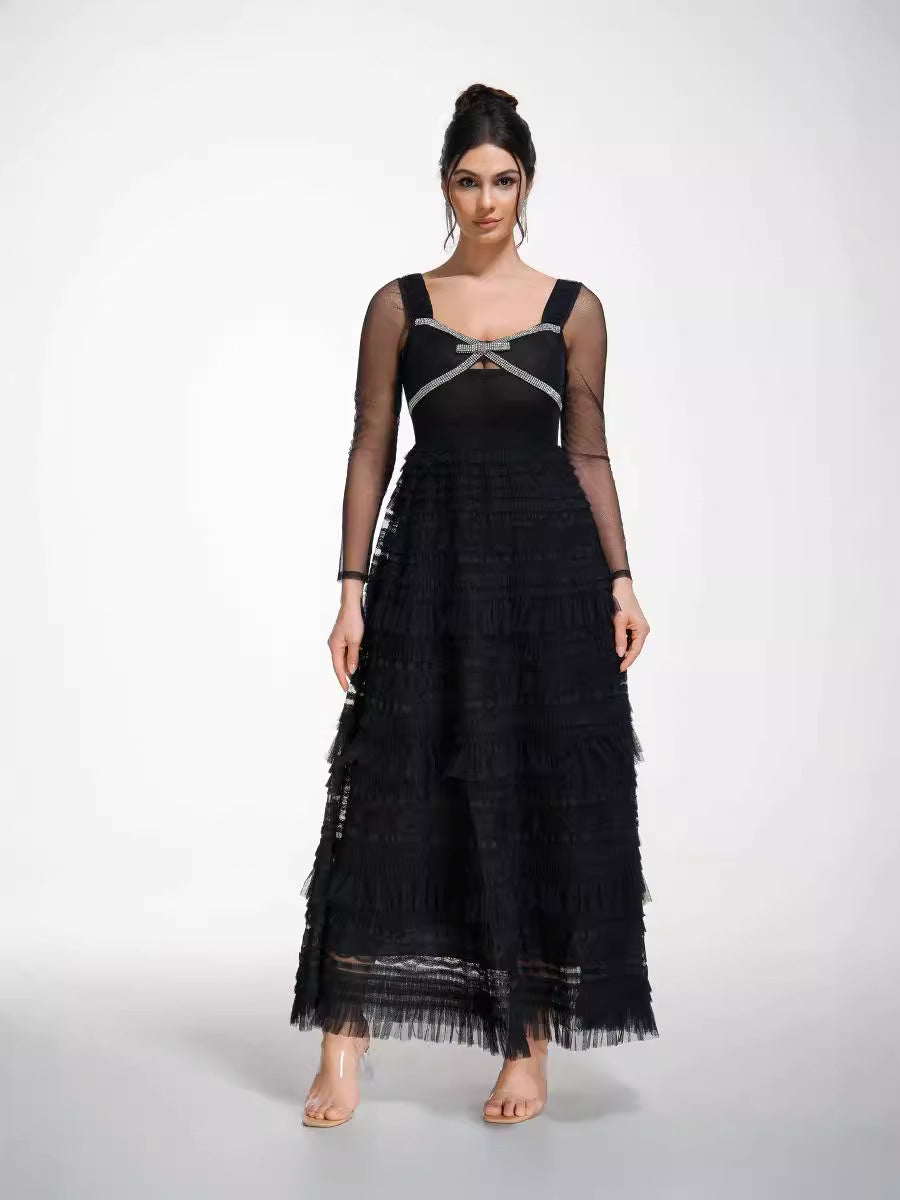 A Line Elegant Square Neck See Through Long Sleeves Black Prom Dress