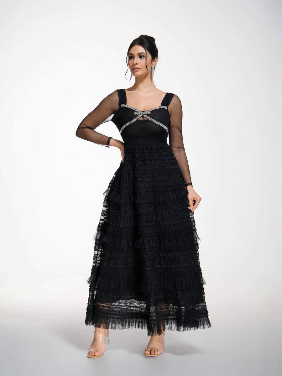 A Line Elegant Square Neck See Through Long Sleeves Black Prom Dress