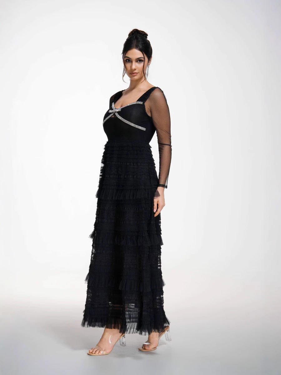 A Line Elegant Square Neck See Through Long Sleeves Black Formal Dress