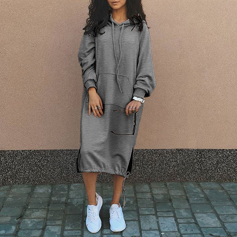 Hooded Long Sleeve Kangaroo Pocket Side Slit Drawstring Hem Midi Sweatshirt Dress