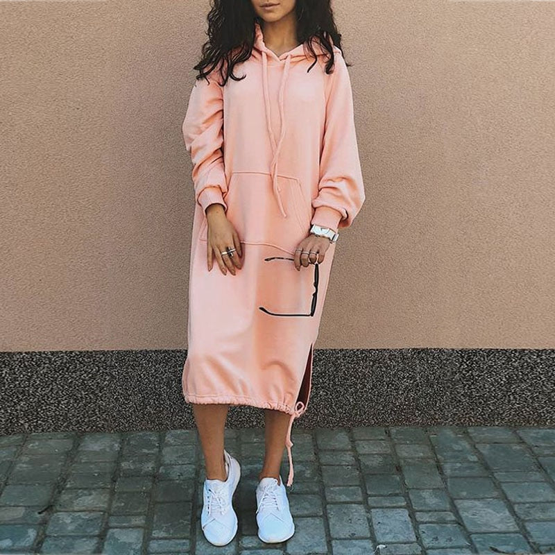 Hooded Long Sleeve Kangaroo Pocket Side Slit Drawstring Hem Midi Sweatshirt Dress