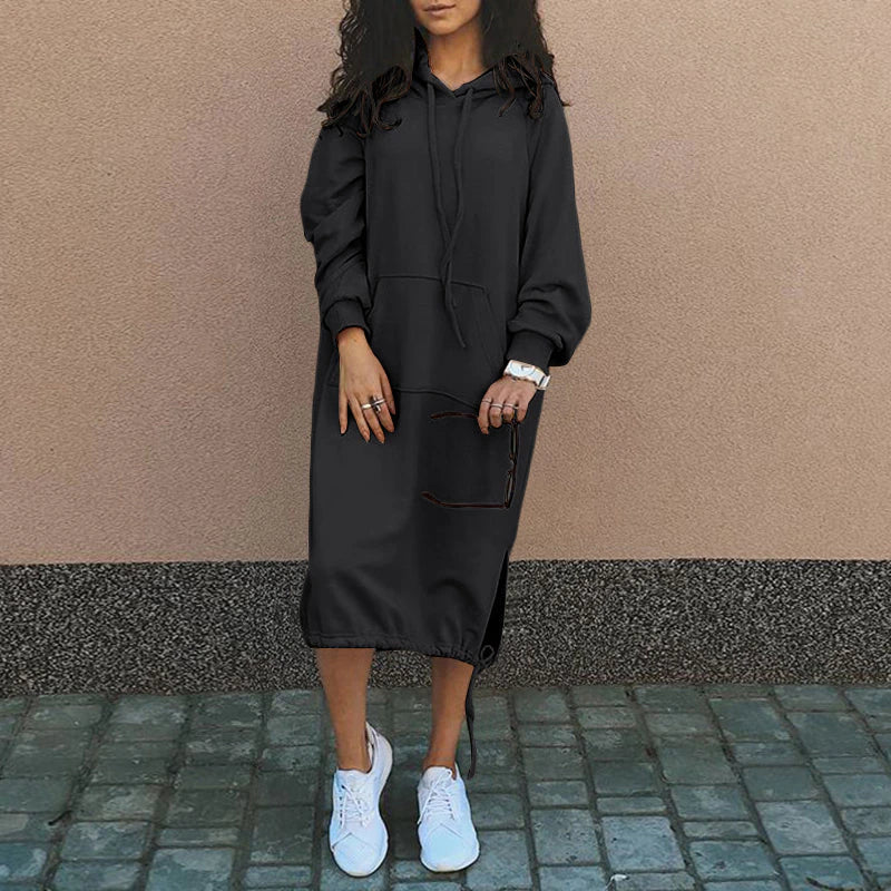 Hooded Long Sleeve Kangaroo Pocket Side Slit Drawstring Hem Midi Sweatshirt Dress