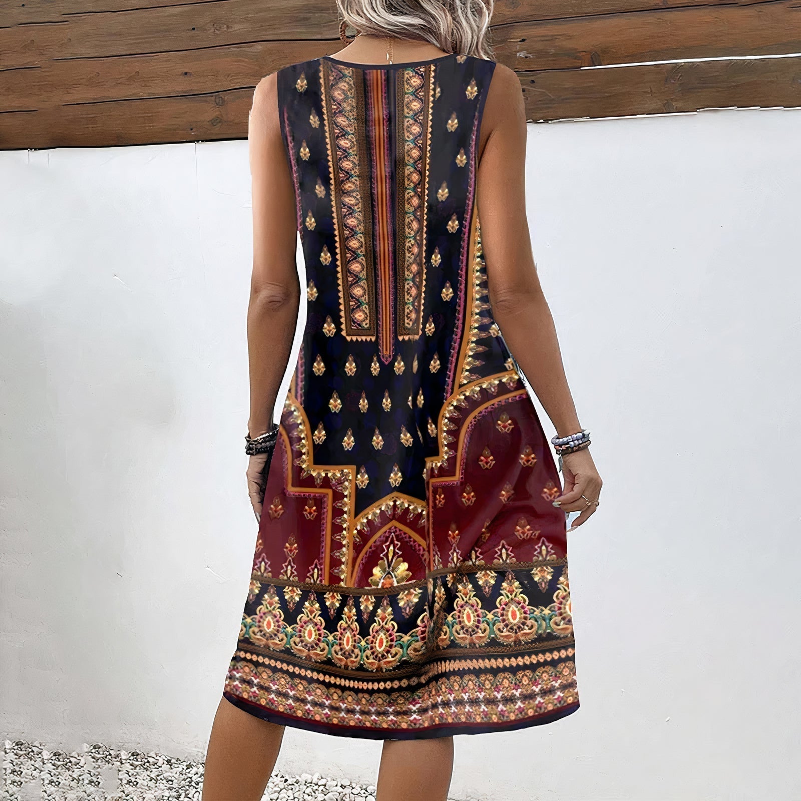 Sleeveless V-Neck Bohemian Print Shift Knee Length Dress