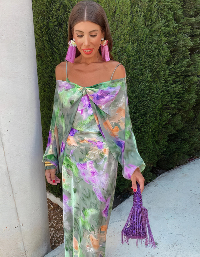 Satin Watercolor Floral Print Spaghetti Strap V-Neck Maxi Dress