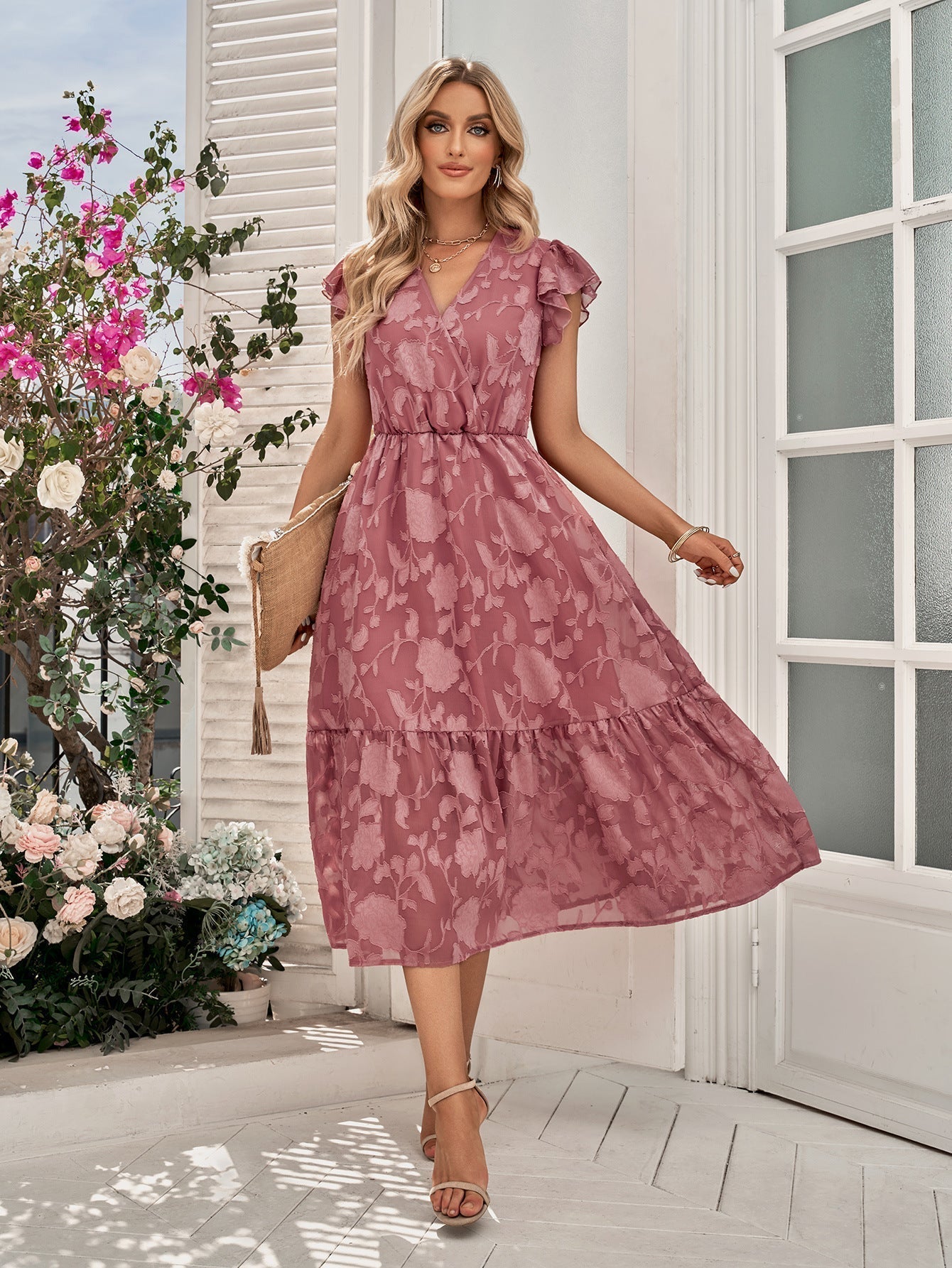 Rebecca V Neck A Line Dress: Floral Flutter Sleeve Surplice Midi
