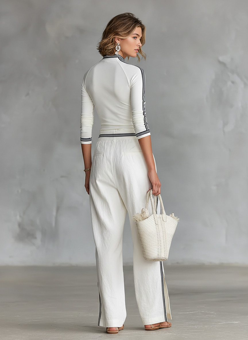 High Neck Striped Trim Top and Wide Leg Pants Set