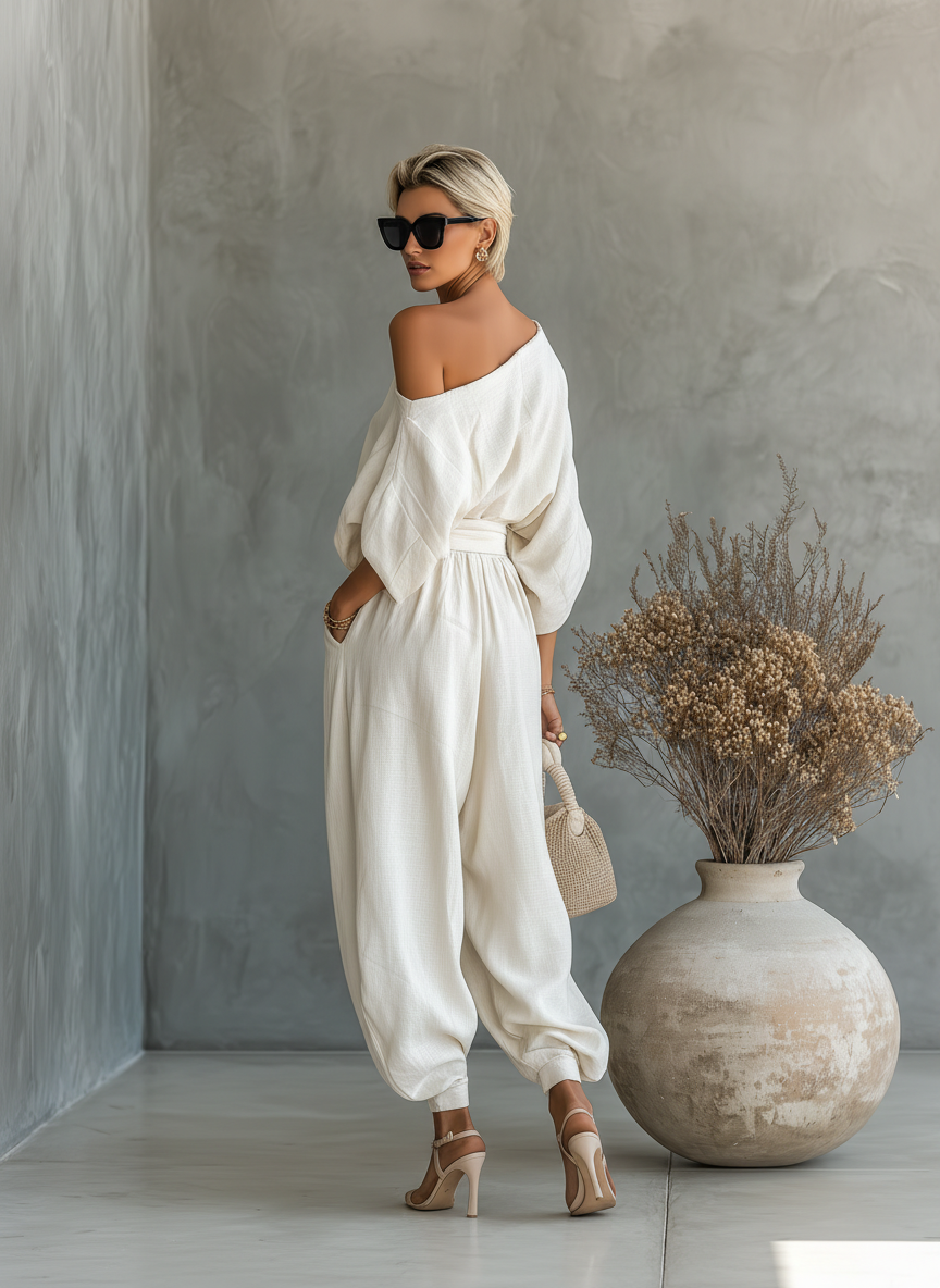 One Shoulder Short Sleeve Top and Wide Leg Pants Two Piece Set