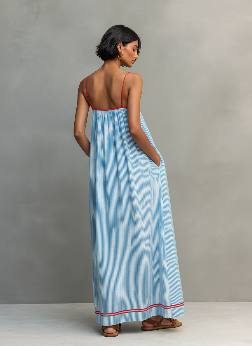 Pinstripe Square Neck Spaghetti Strap Contrast Trim Maxi Dress