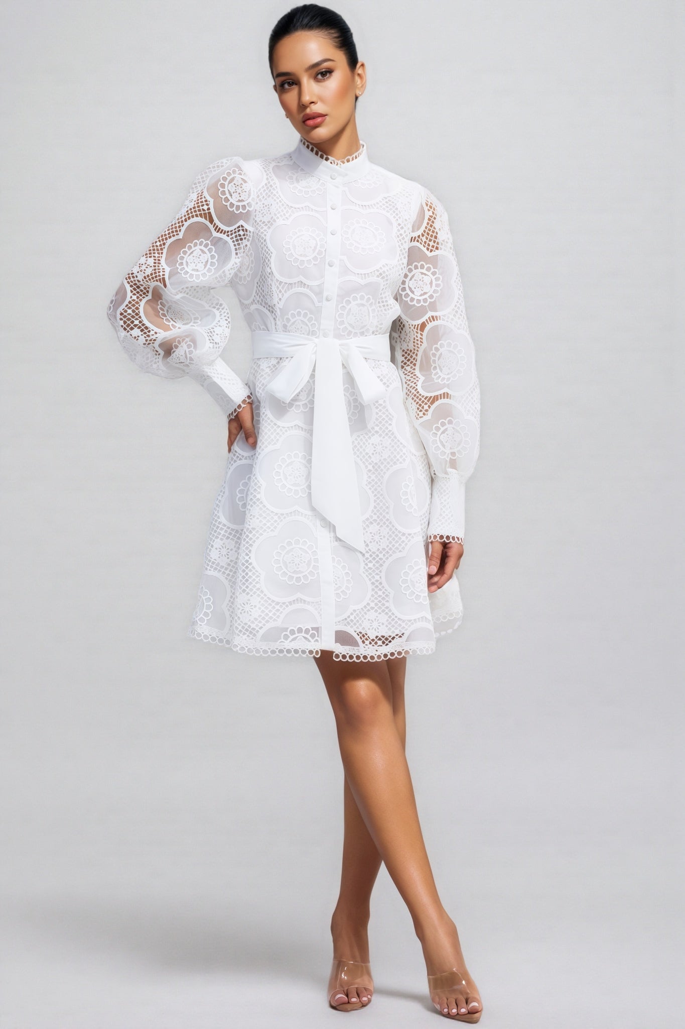 Floral Lace High Neck Lantern Sleeve A-Line Mini Dress