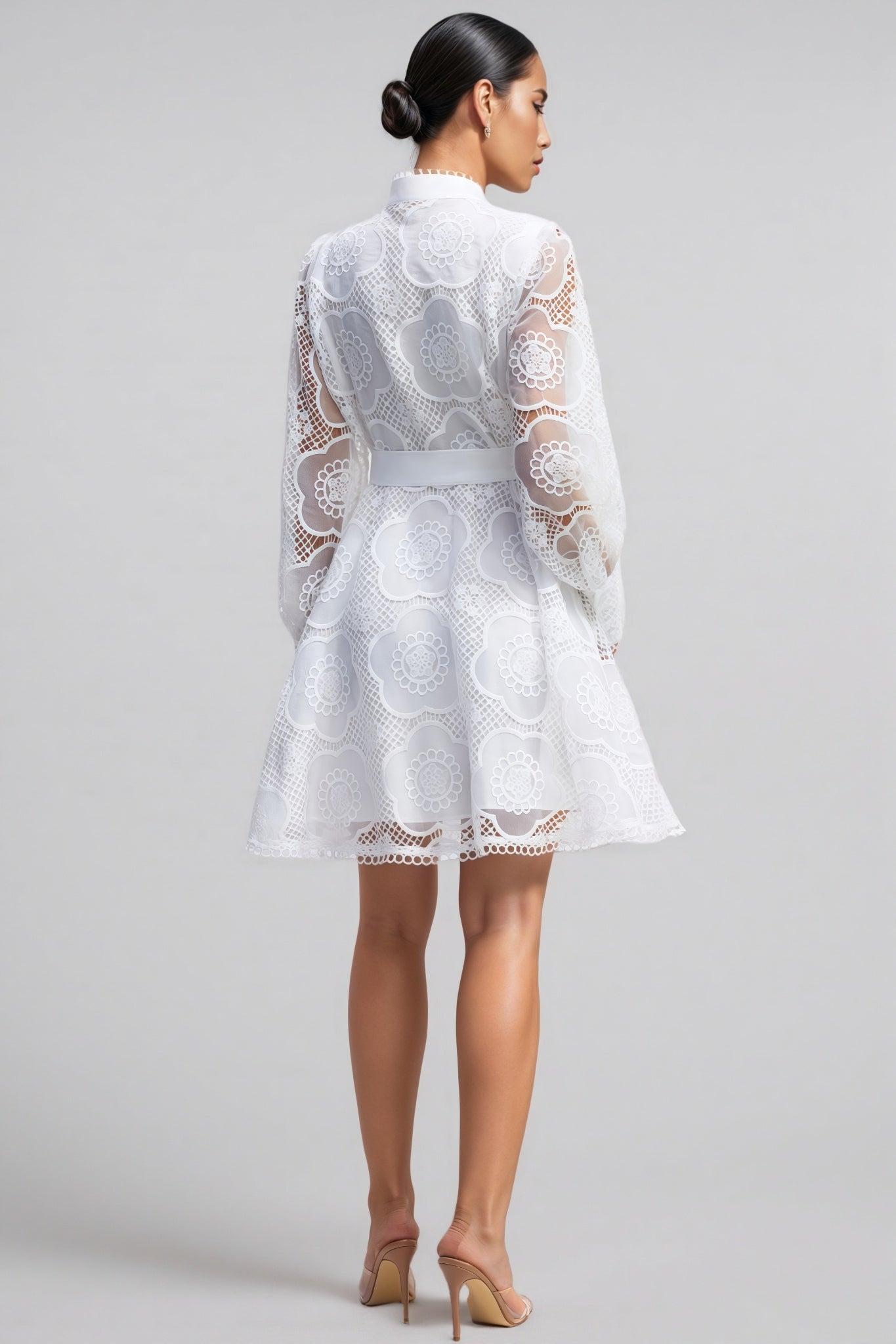 Floral Lace High Neck Lantern Sleeve A-Line Mini Dress