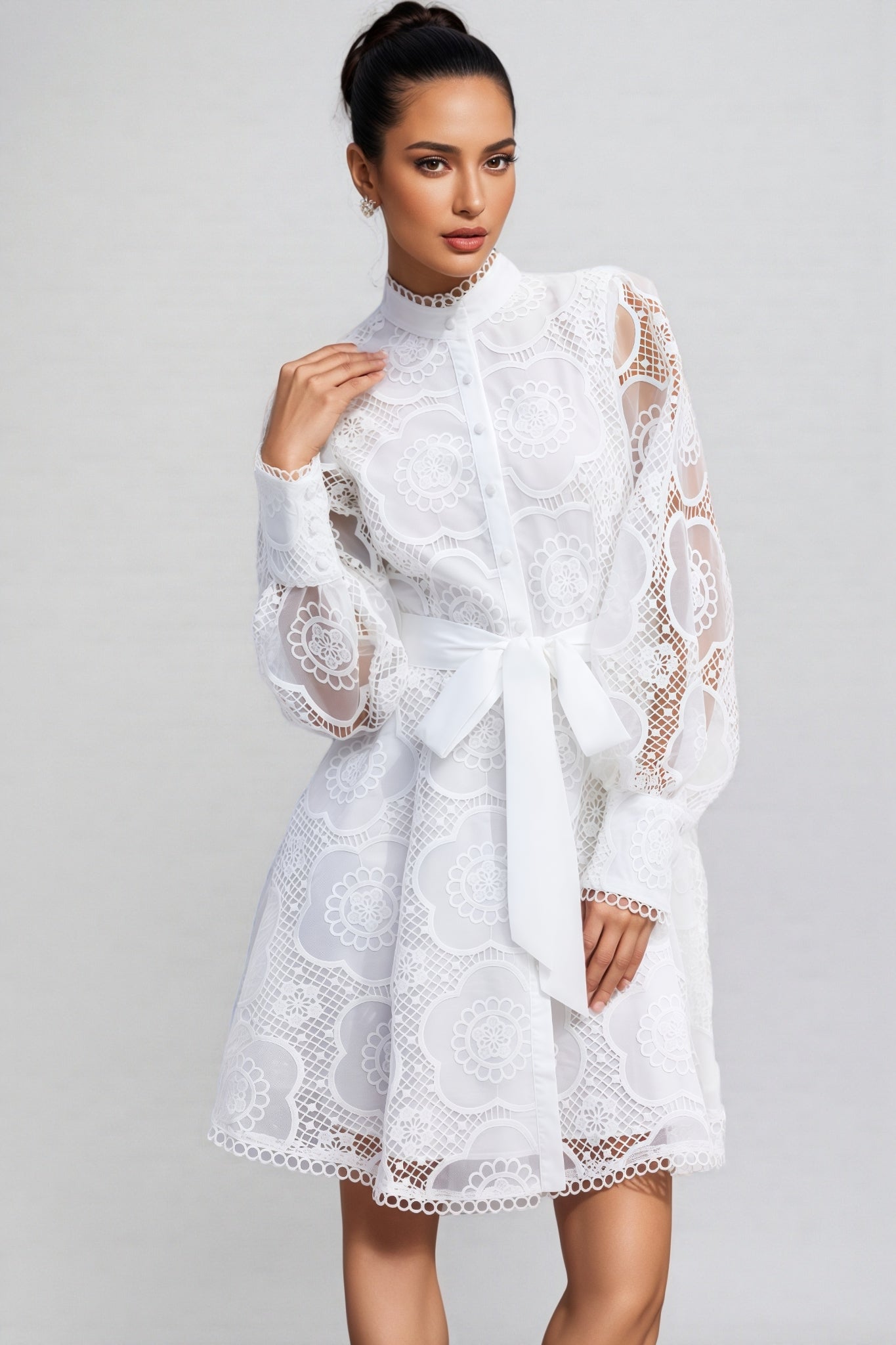 Floral Lace High Neck Lantern Sleeve A-Line Mini Dress