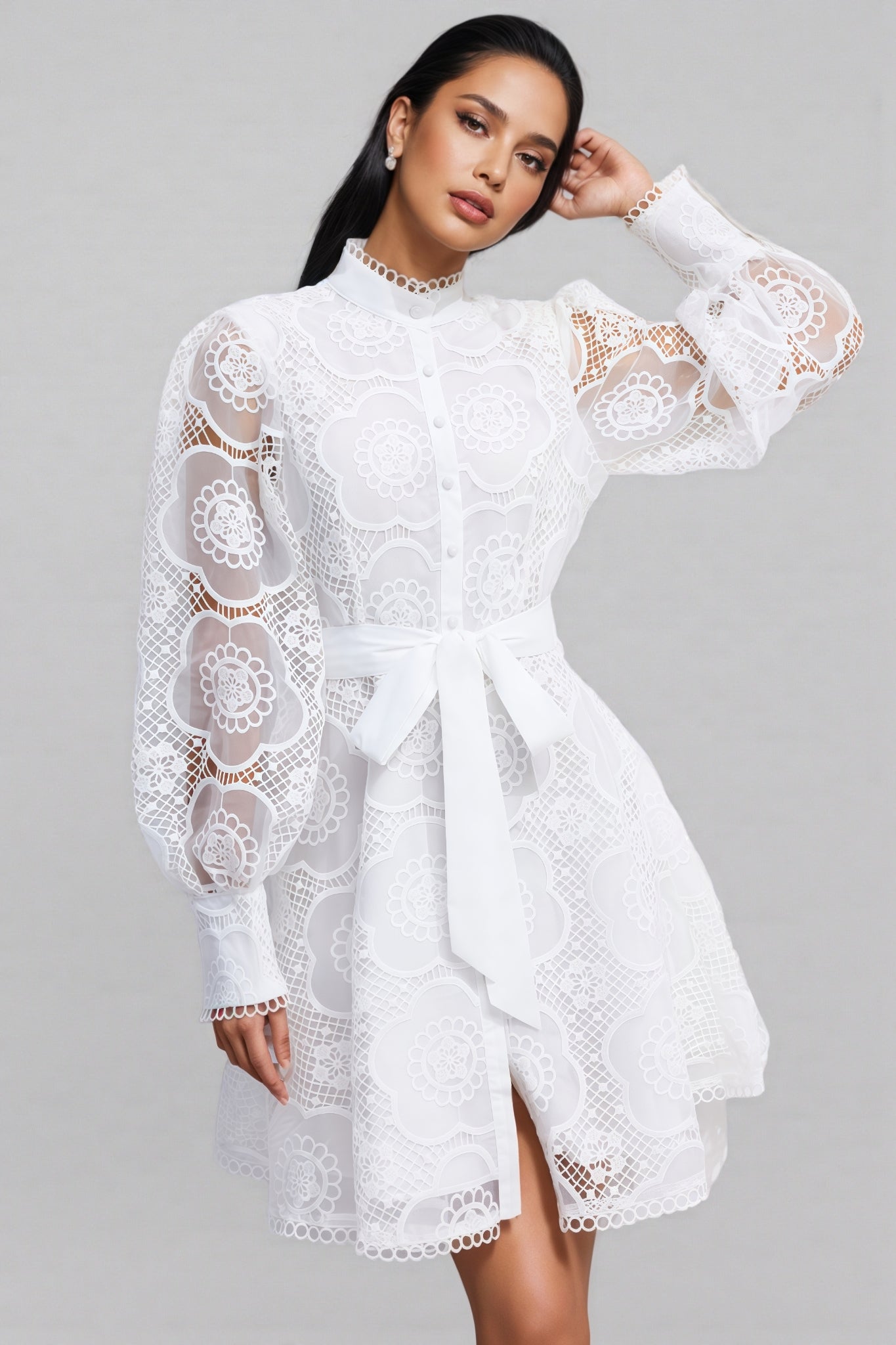 Floral Lace High Neck Lantern Sleeve A-Line Mini Dress
