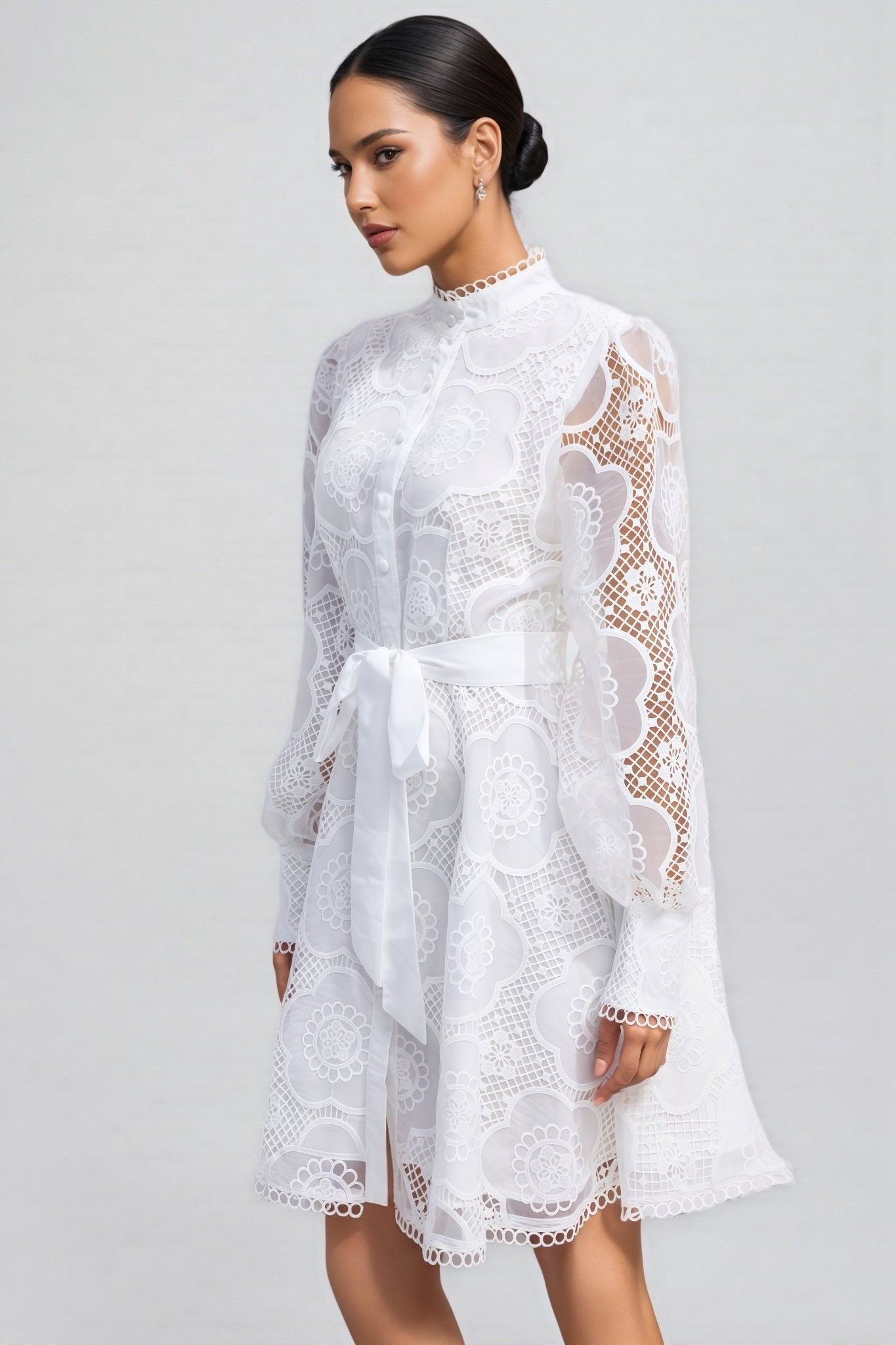 Floral Lace High Neck Lantern Sleeve A-Line Mini Dress
