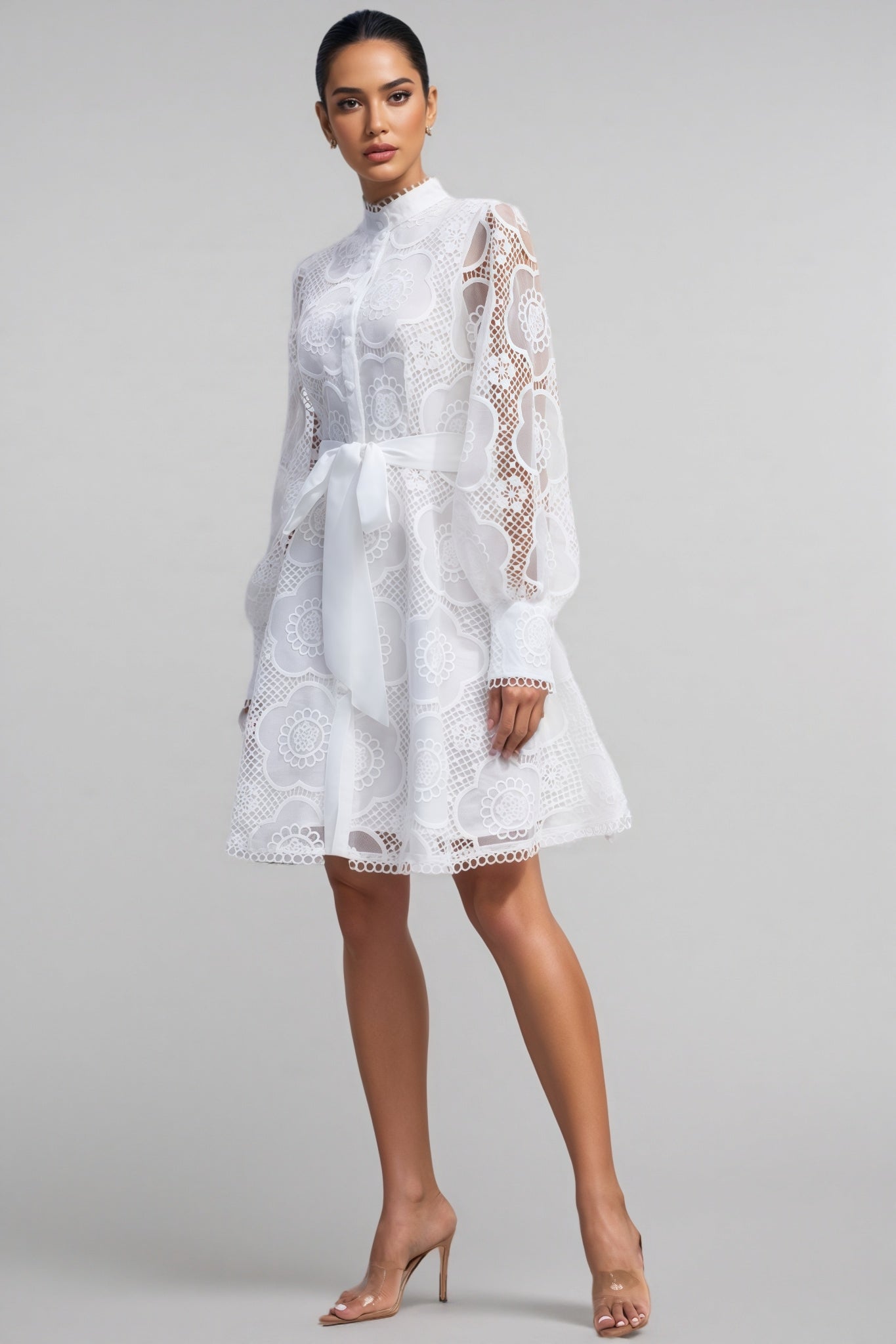 Floral Lace High Neck Lantern Sleeve A-Line Mini Dress