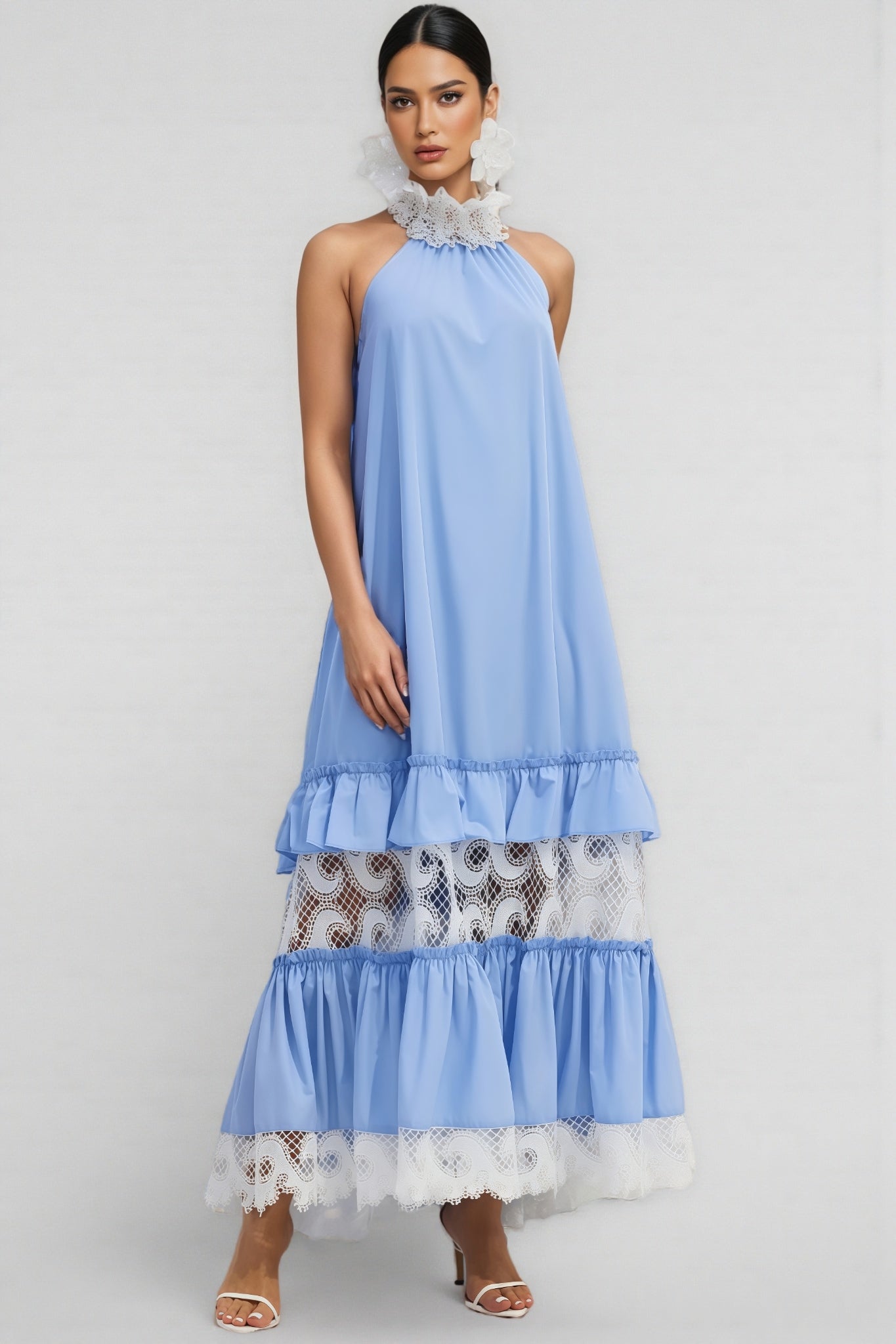 Sablert Blue Embroidered Mesh Maxi Dress - View 7