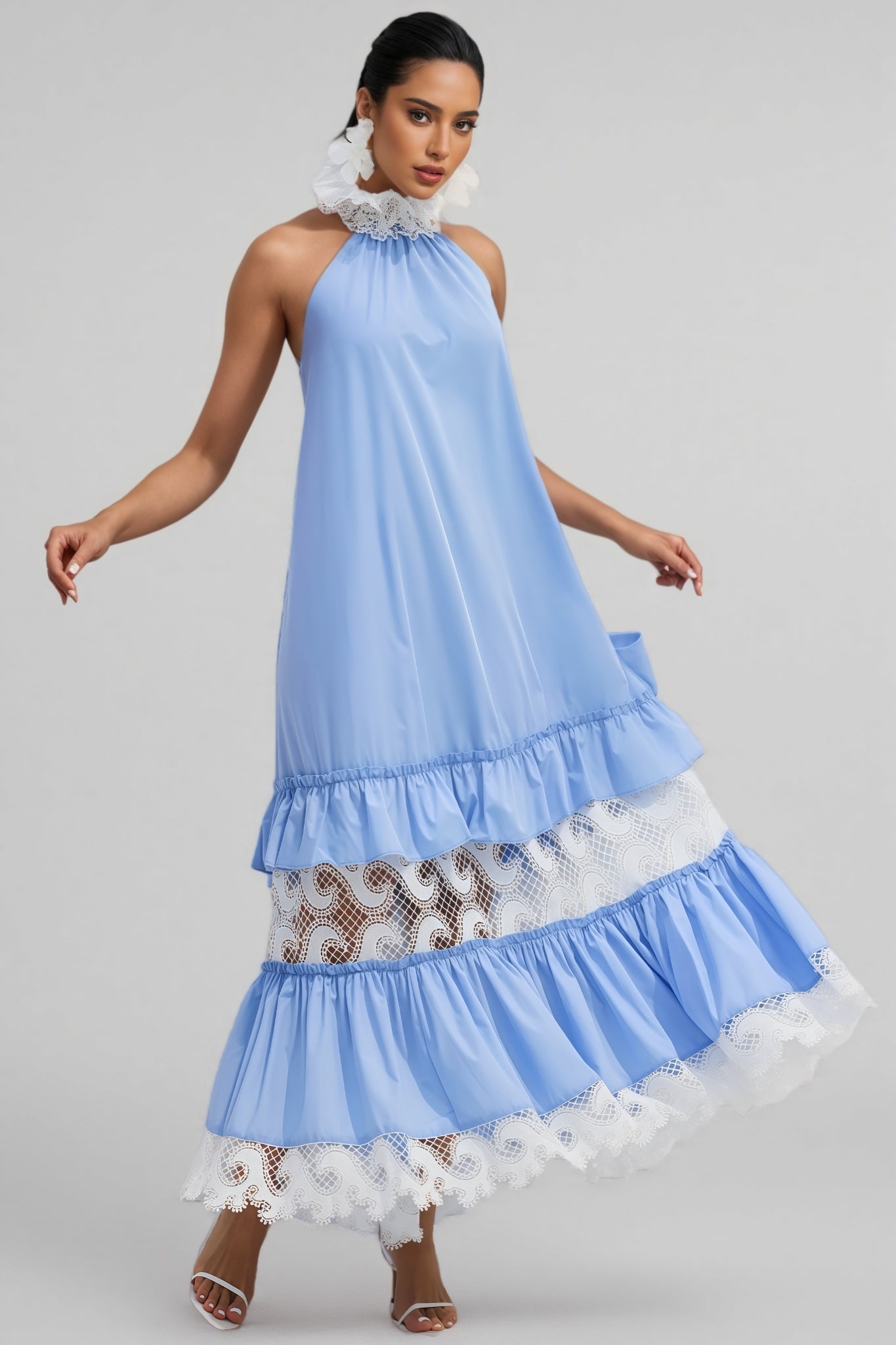 Sablert Blue Embroidered Mesh Maxi Dress - View 6