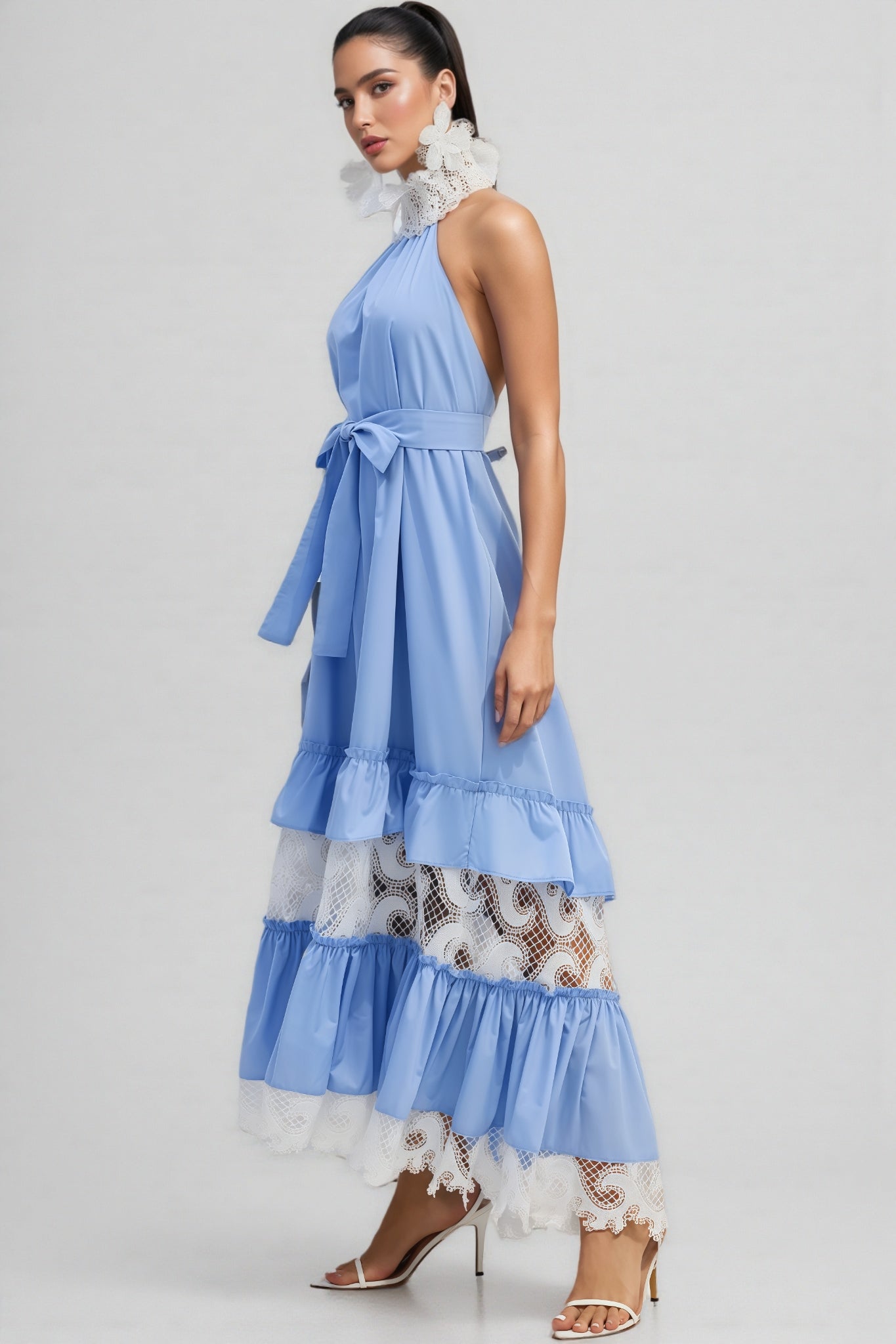 Sablert Blue Embroidered Mesh Maxi Dress - View 3
