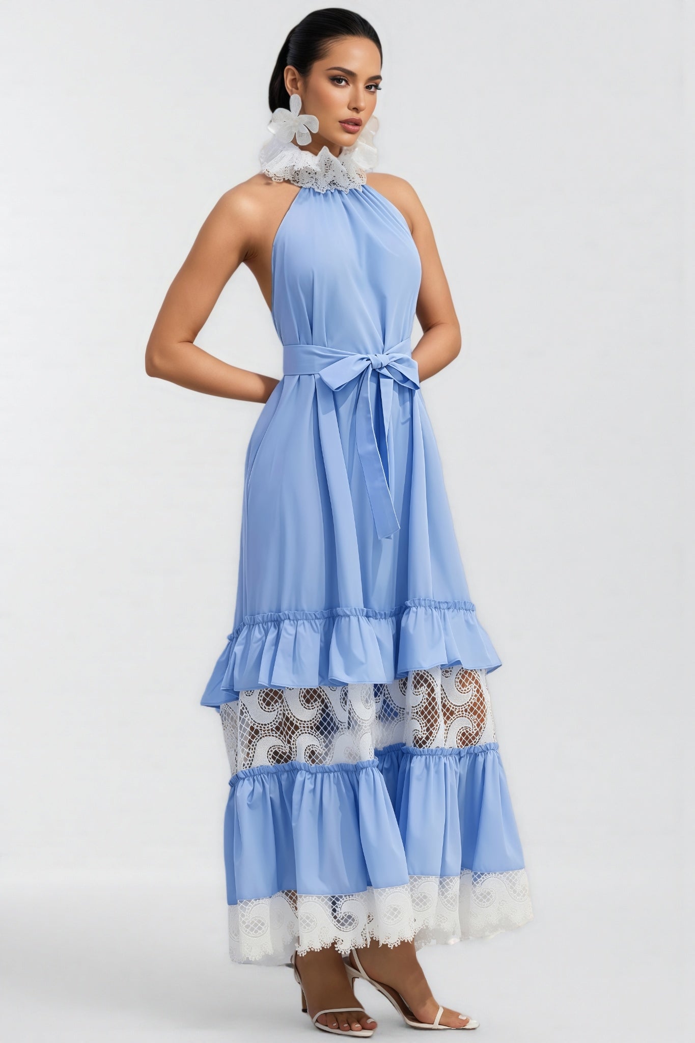 Sablert Blue Embroidered Mesh Maxi Dress - View 2