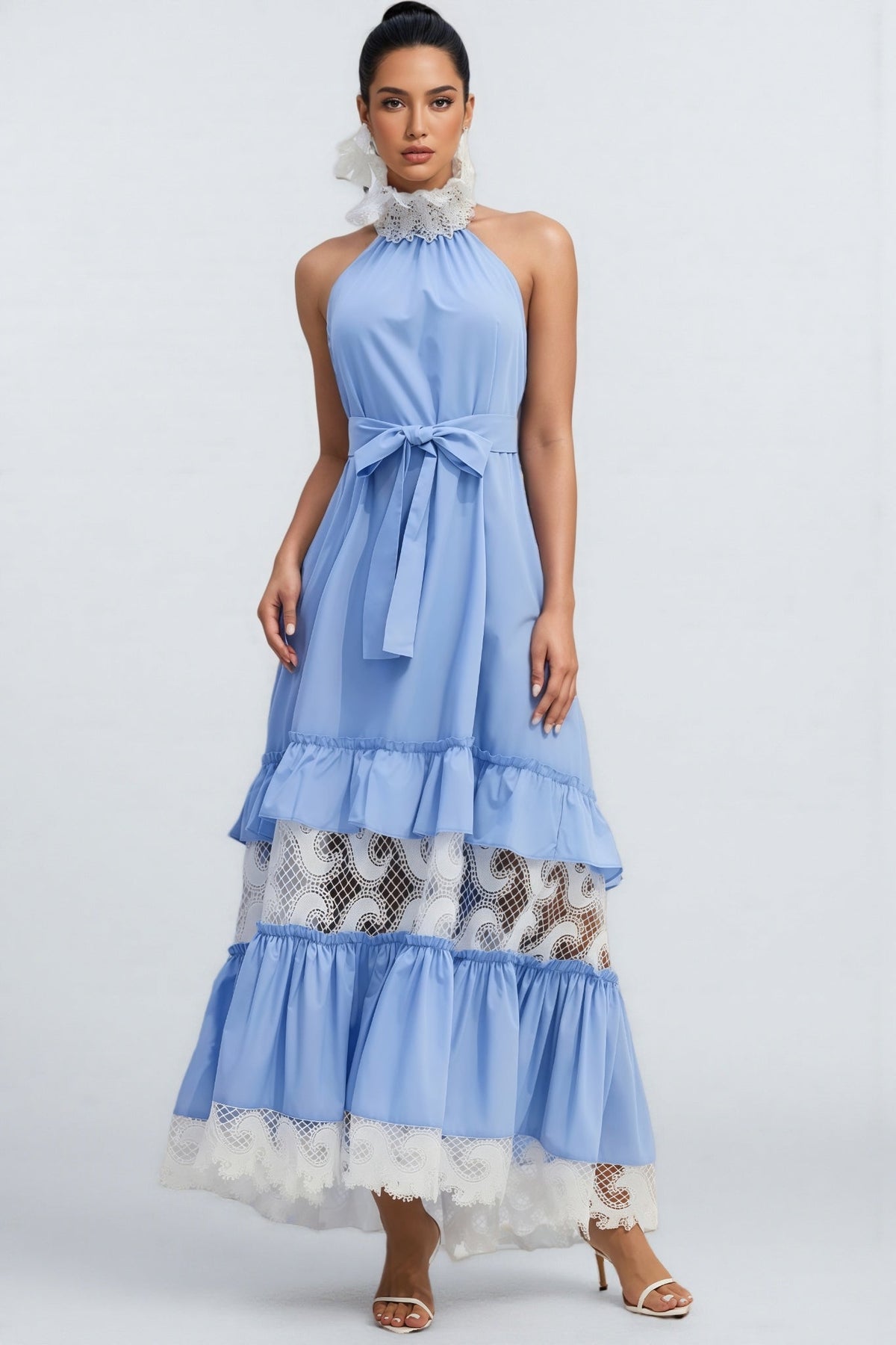 Halter Neck Tie Waist Lace Insert Tiered Ruffle Maxi Dress