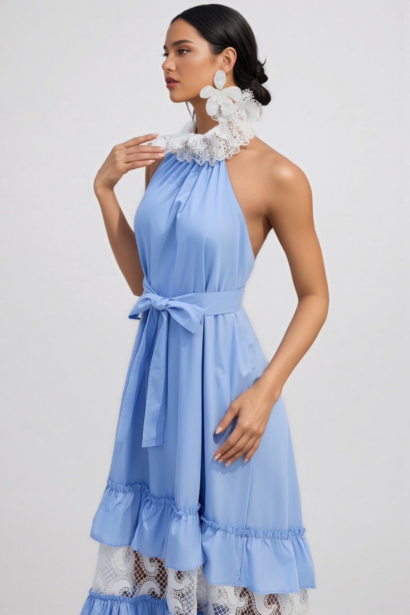 Sablert Blue Embroidered Mesh Maxi Dress - View 5