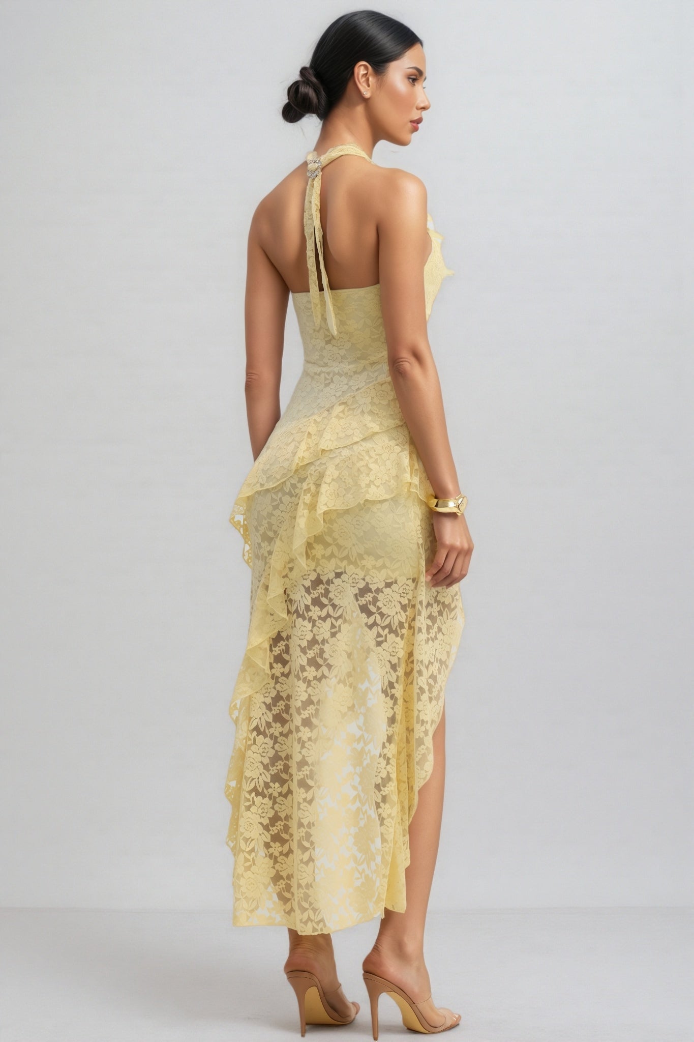 Quillrt Yellow Backless Lace Mesh Midi Dress - View 5