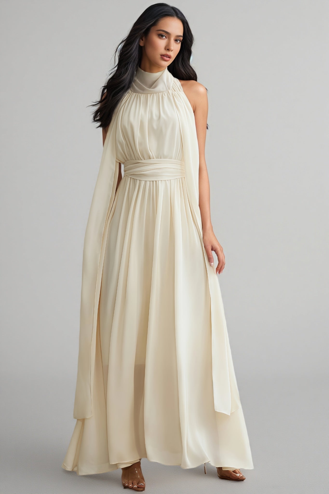 Zurilk Apricot Chiffon Backless Maxi Dress - View 5