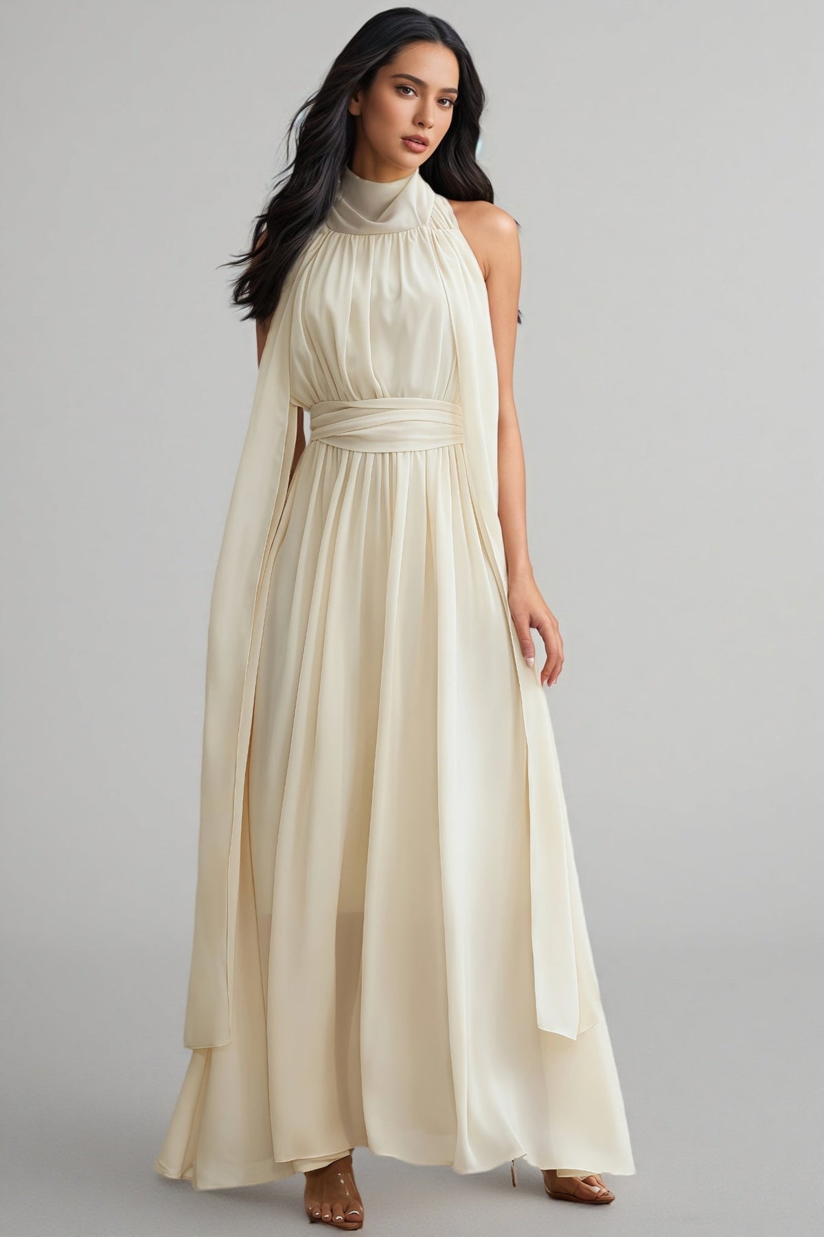 Halter Neck Sleeveless Chiffon Draped Scarf Belted Wide Leg Jumpsuit 5