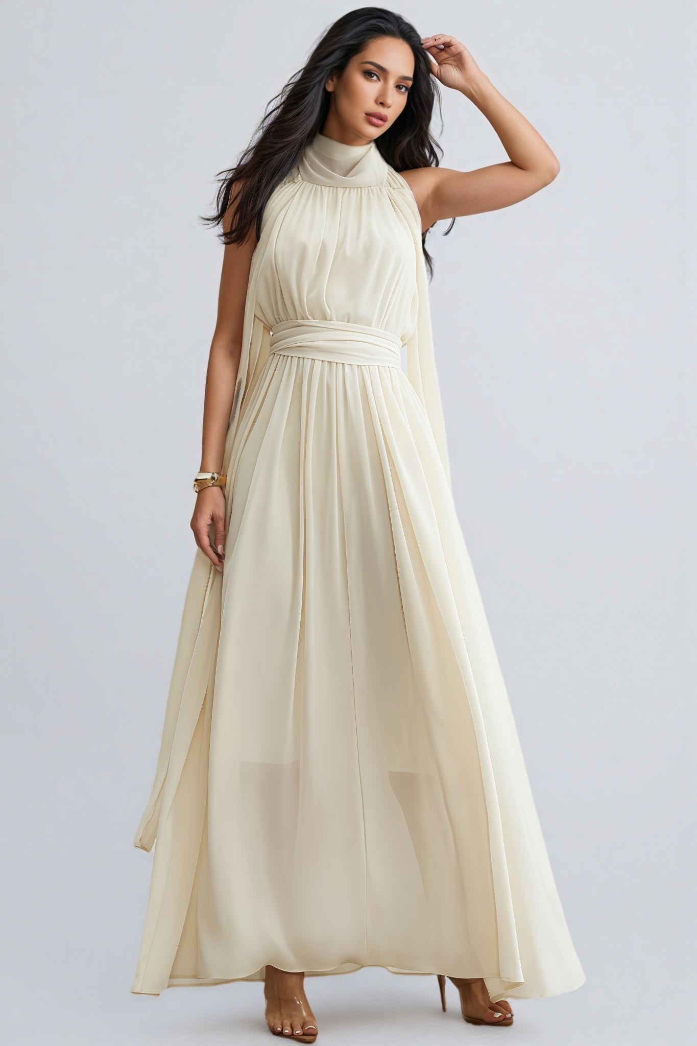 Zurilk Apricot Chiffon Backless Maxi Dress - View 2