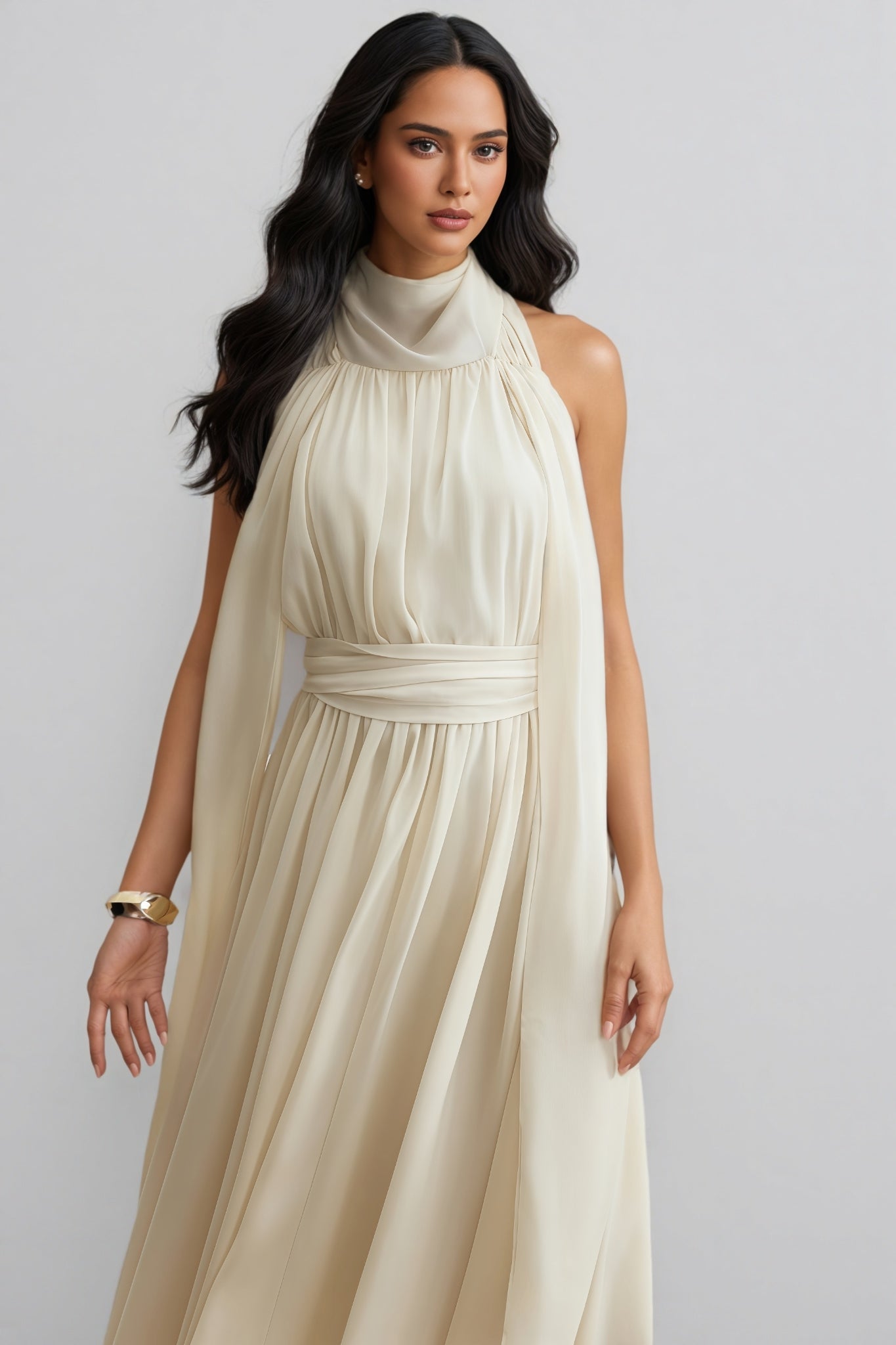 Zurilk Apricot Chiffon Backless Maxi Dress - View 7