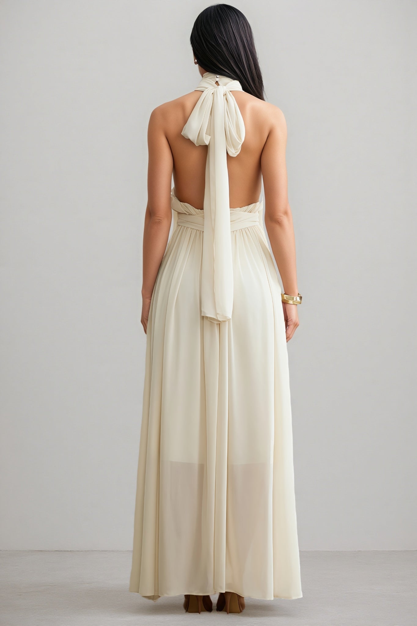 Zurilk Apricot Chiffon Backless Maxi Dress - View 4