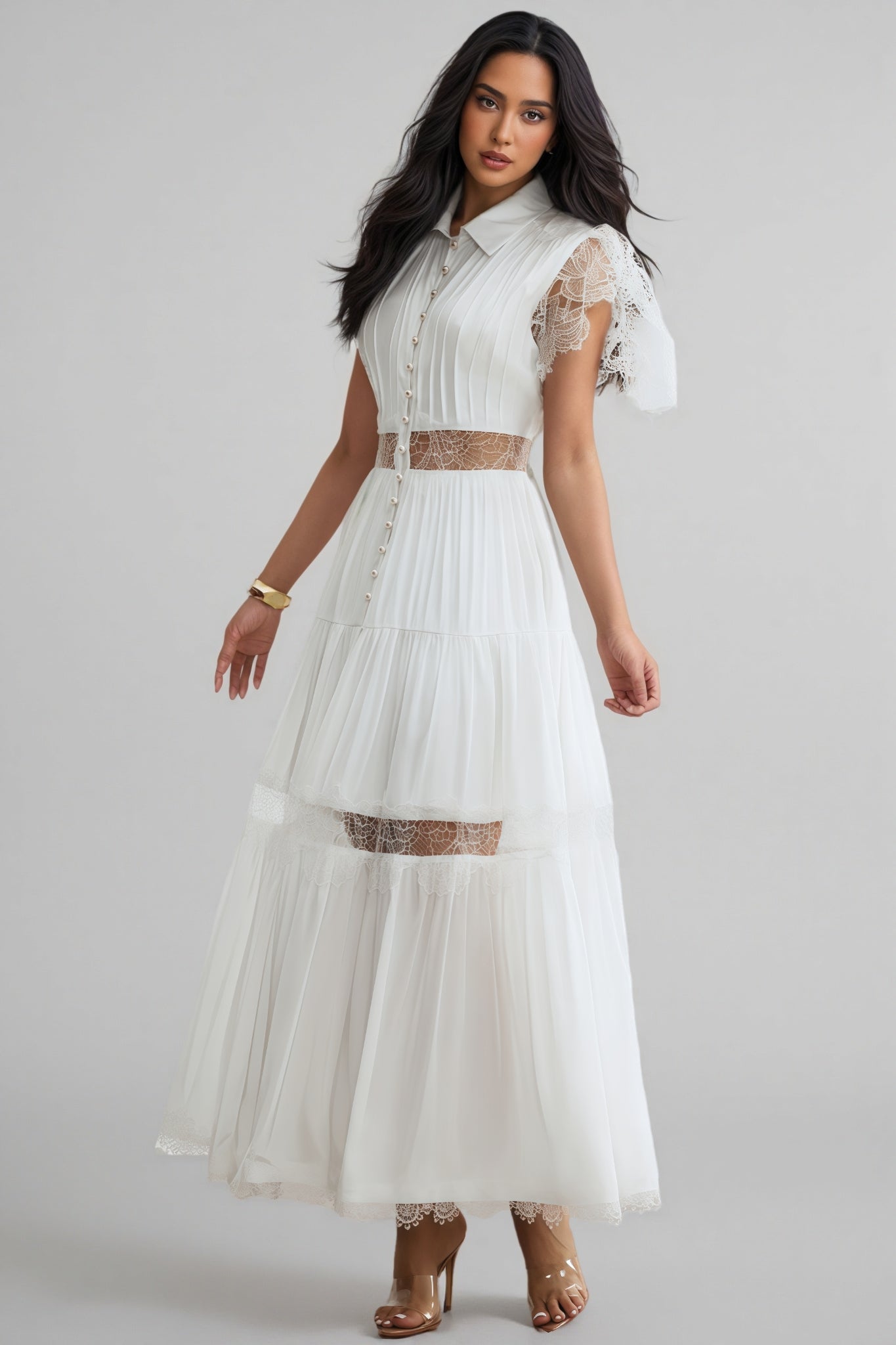 Zived White Lace Embroidery Cut Out Maxi Dress - View 5