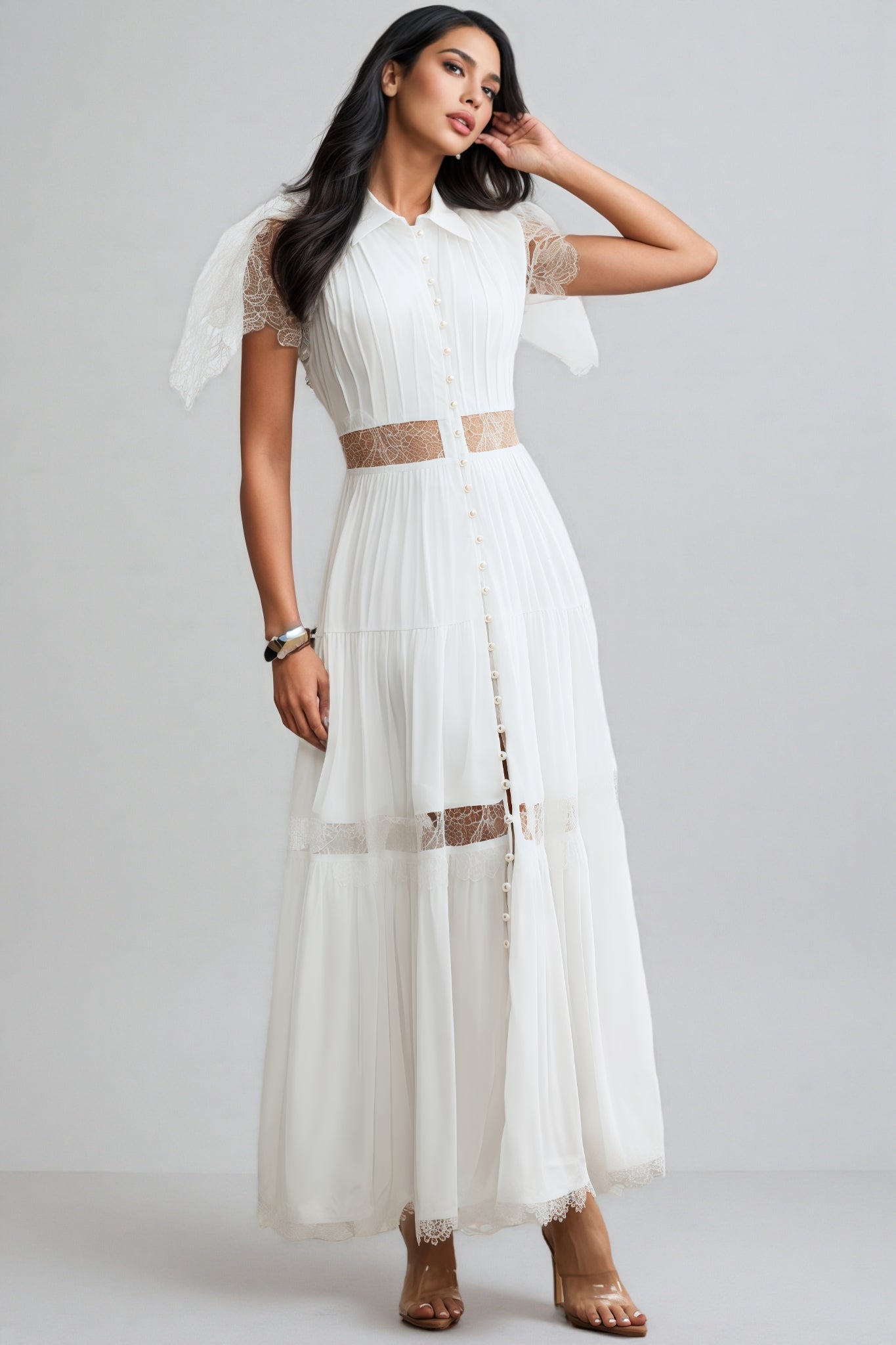 Zived White Lace Embroidery Cut Out Maxi Dress - View 3