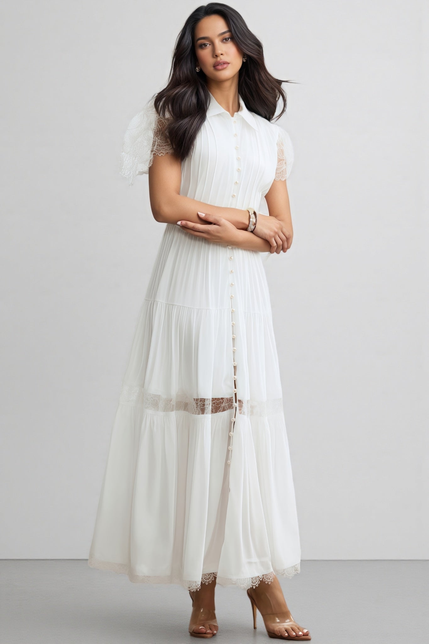 Zived White Lace Embroidery Cut Out Maxi Dress - View 6
