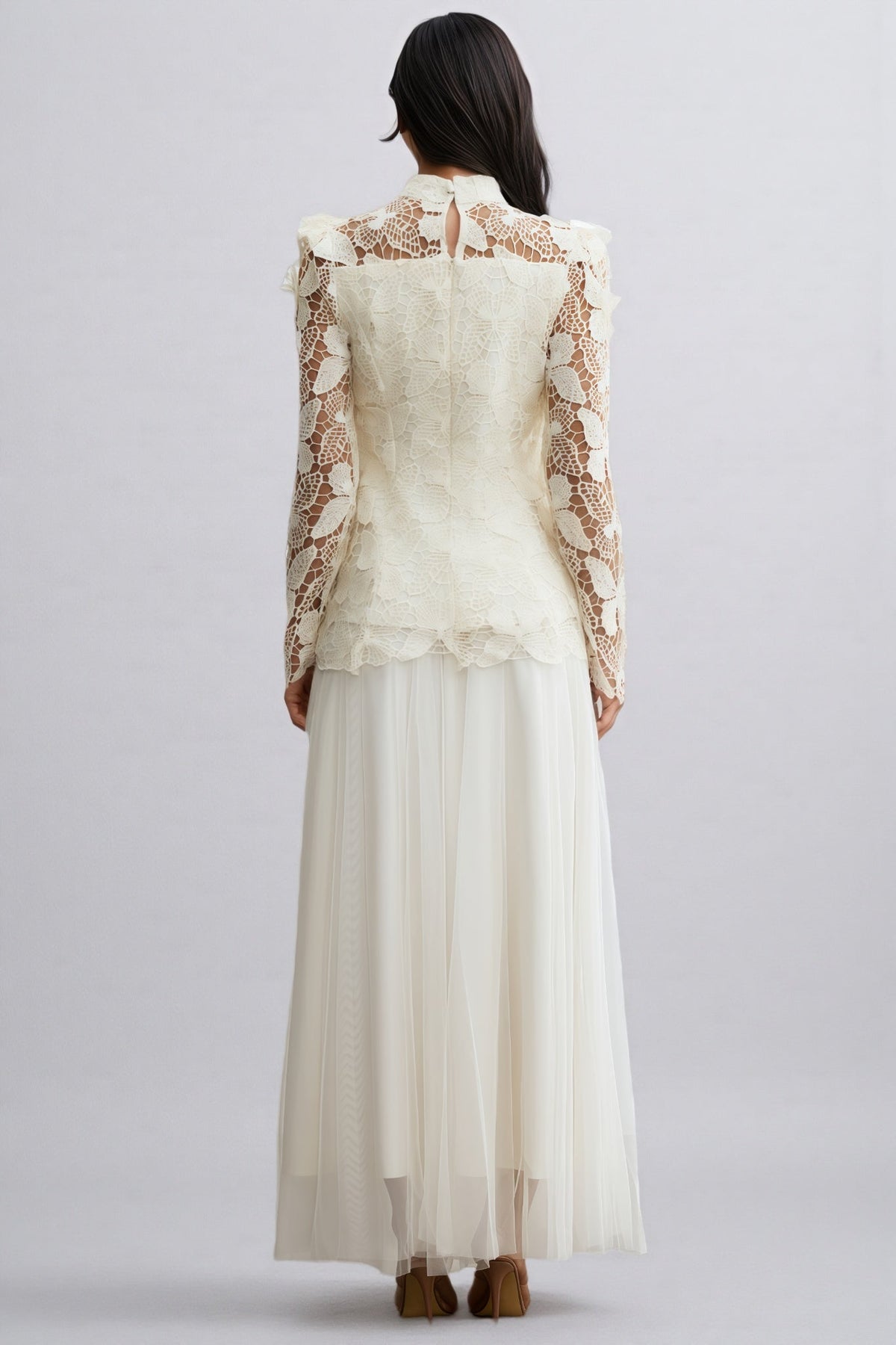 Cut Out Lace Long Sleeve Top and Tulle Maxi Skirt Two Piece Set 6