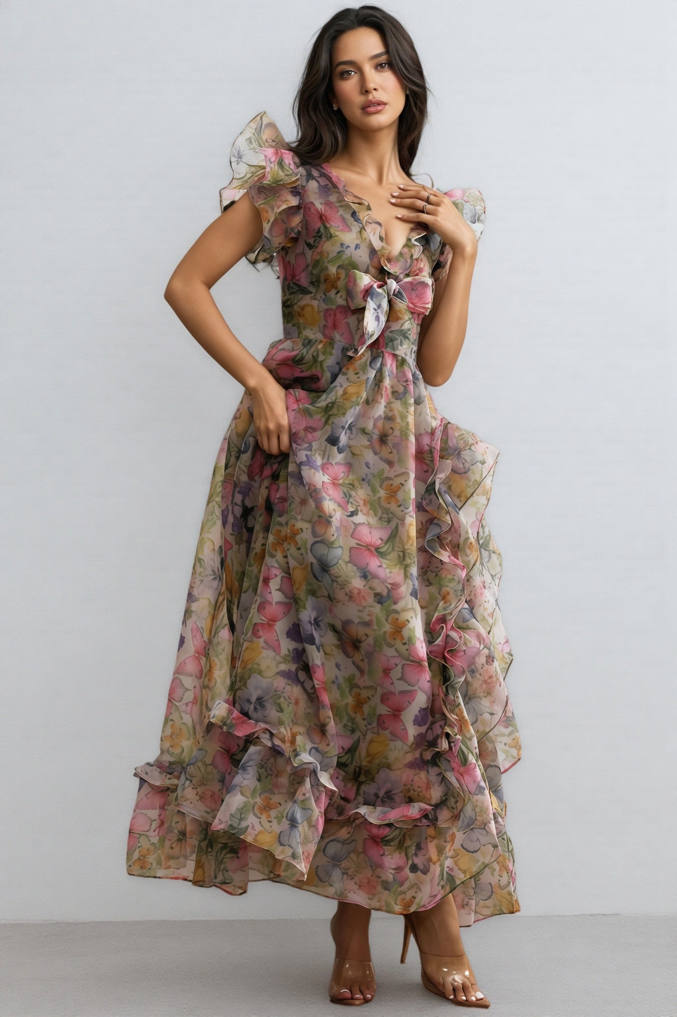 Bella Butterfly Print Ruffle Chiffon Maxi Dress - View 3