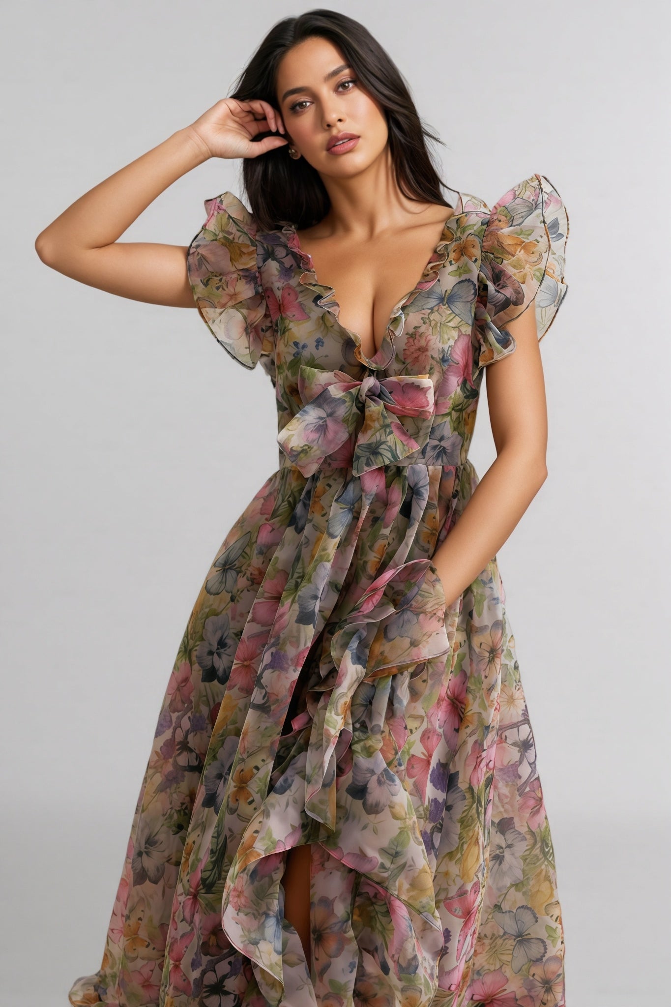 Bella Butterfly Print Ruffle Chiffon Maxi Dress - View 2