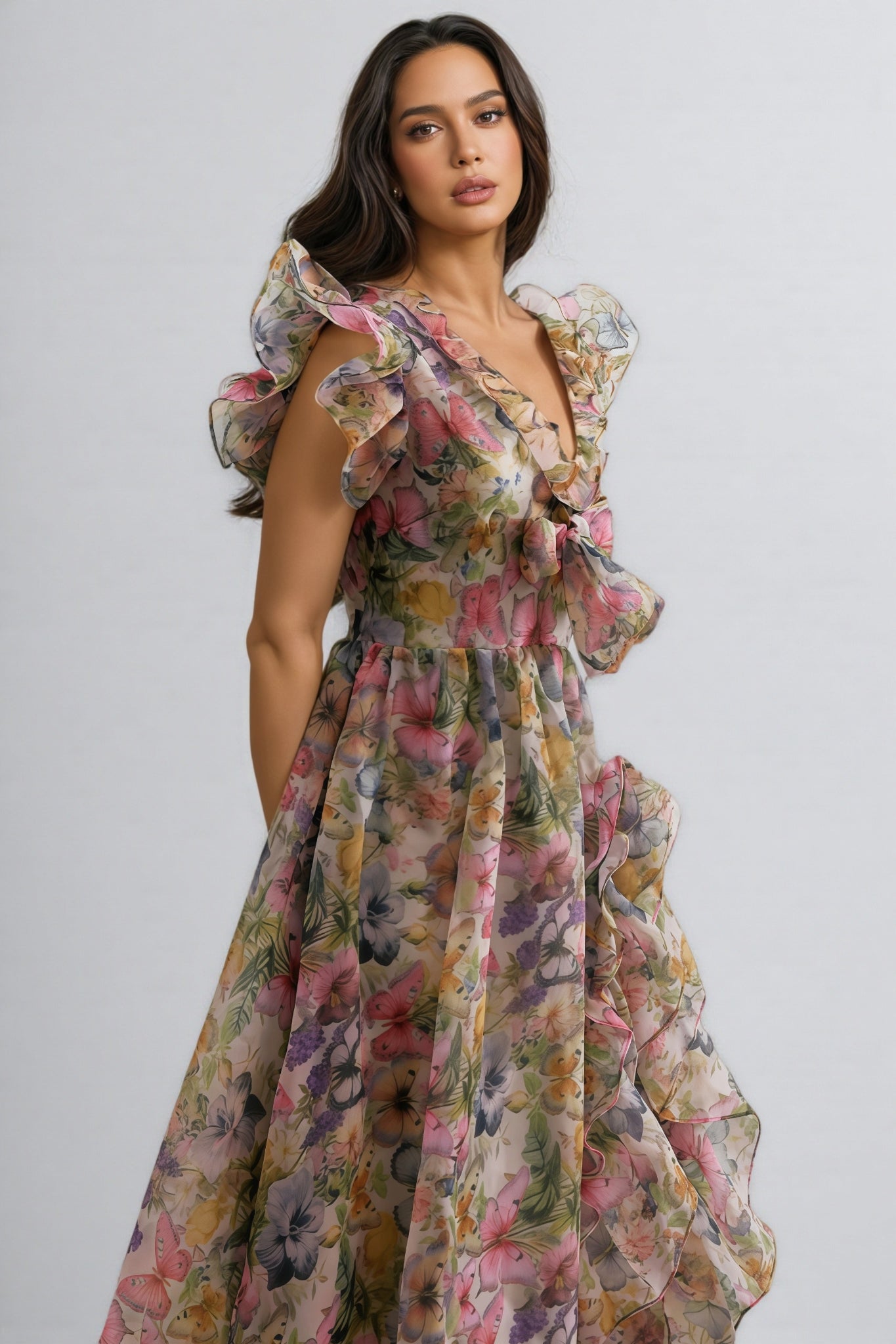 Bella Butterfly Print Ruffle Chiffon Maxi Dress - View 5