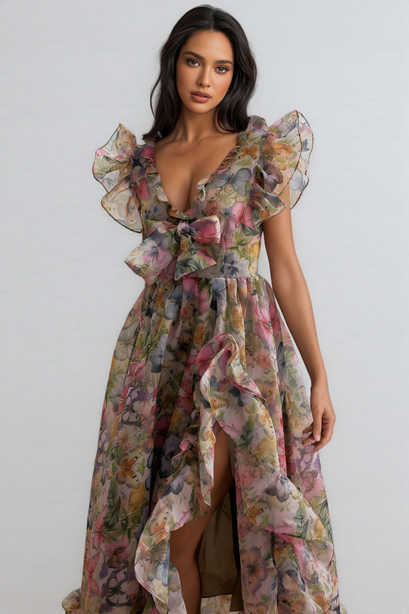 Bella Butterfly Print Ruffle Chiffon Maxi Dress - View 4