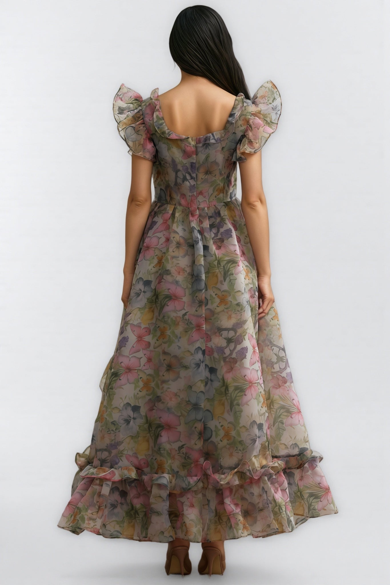 Bella Butterfly Print Ruffle Chiffon Maxi Dress - View 6
