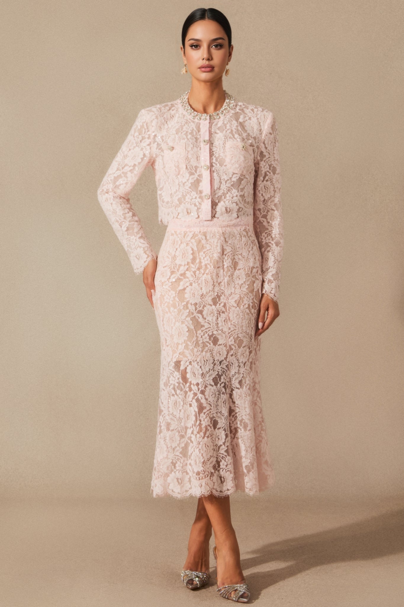 Lace Long Sleeve Jacket Fit and Flare Midi Two Piece Set