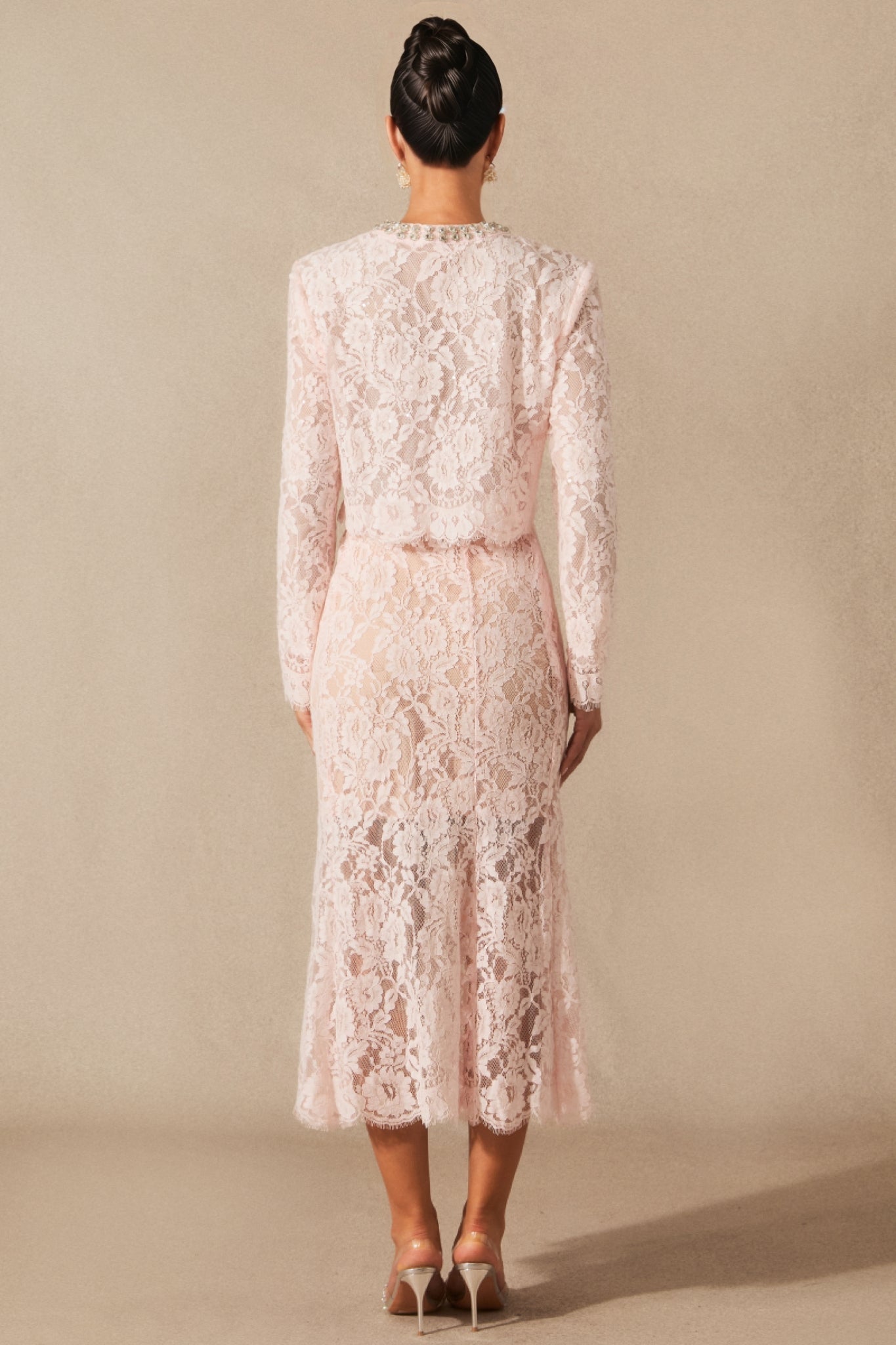 Lace Long Sleeve Jacket Fit and Flare Midi Two Piece Set