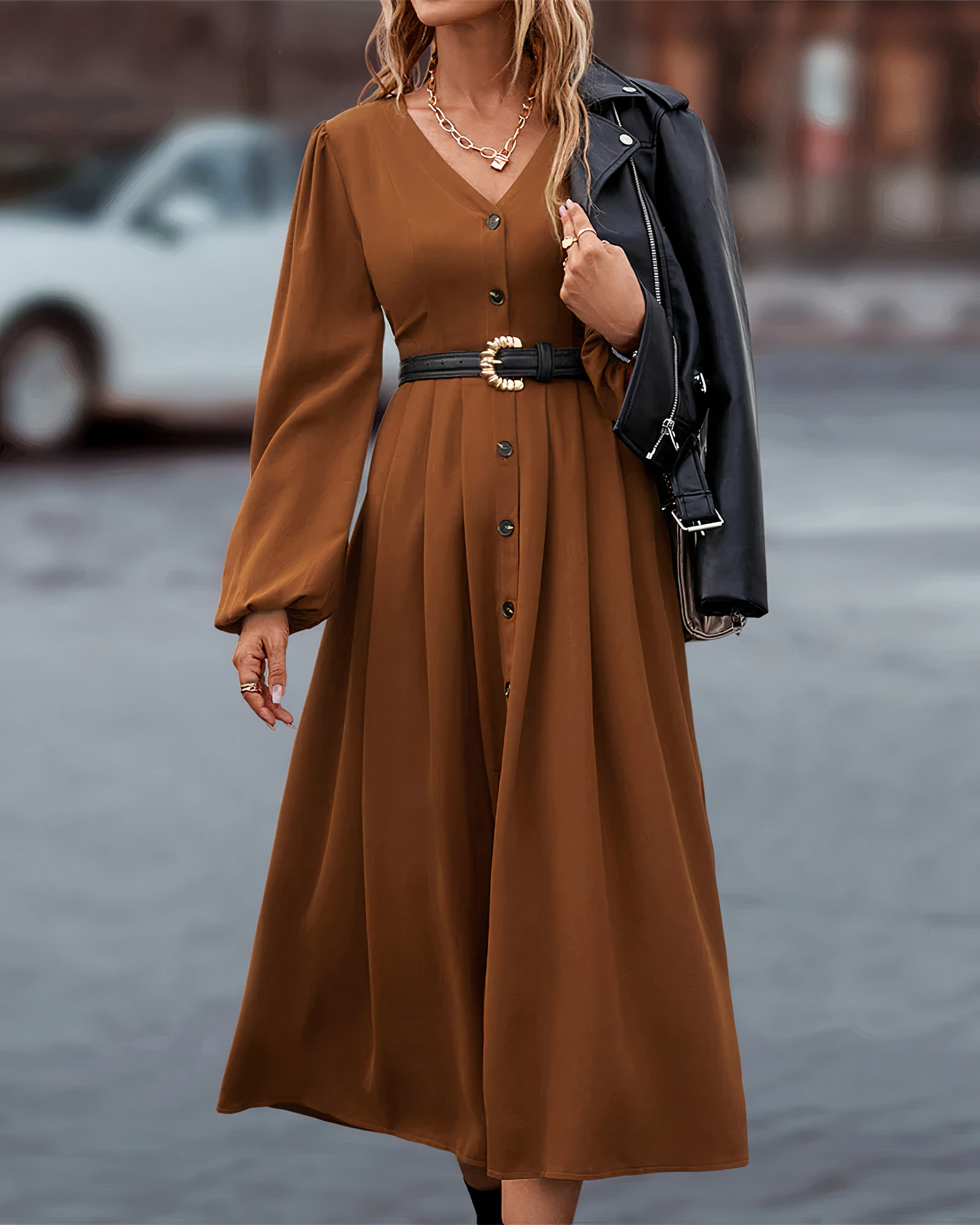 Deep V-Neck Button Front Puff Sleeve Empire Waist Pleated A-Line Midi Dress