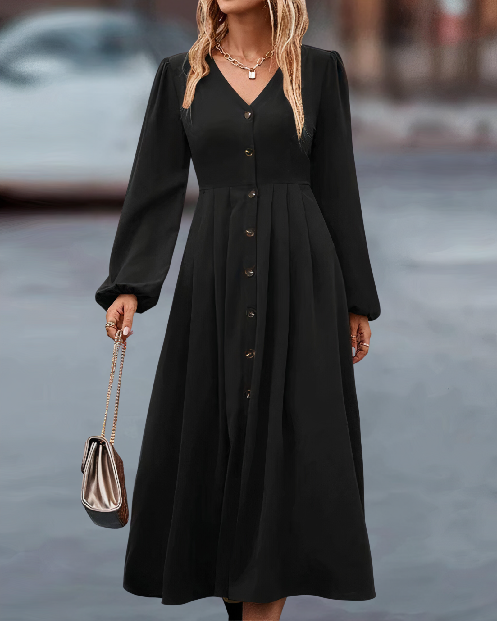 Deep V-Neck Button Front Puff Sleeve Empire Waist Pleated A-Line Midi Dress