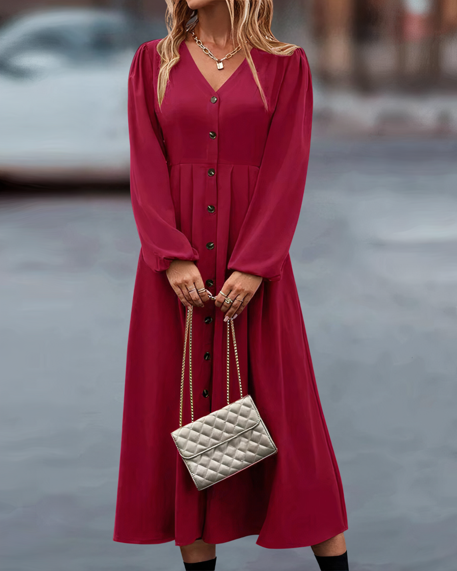 Deep V-Neck Button Front Puff Sleeve Empire Waist Pleated A-Line Midi Dress