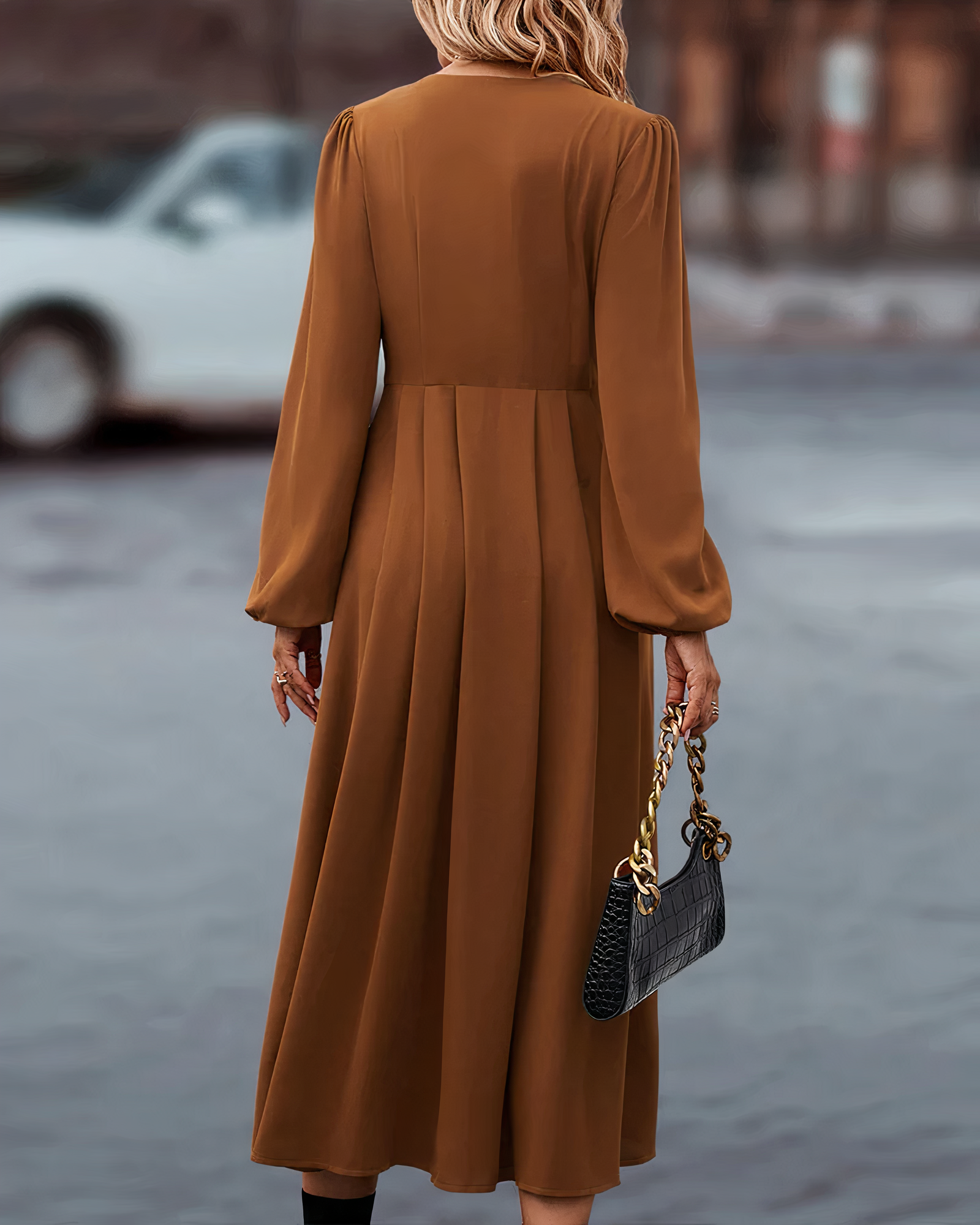 Deep V-Neck Button Front Puff Sleeve Empire Waist Pleated A-Line Midi Dress