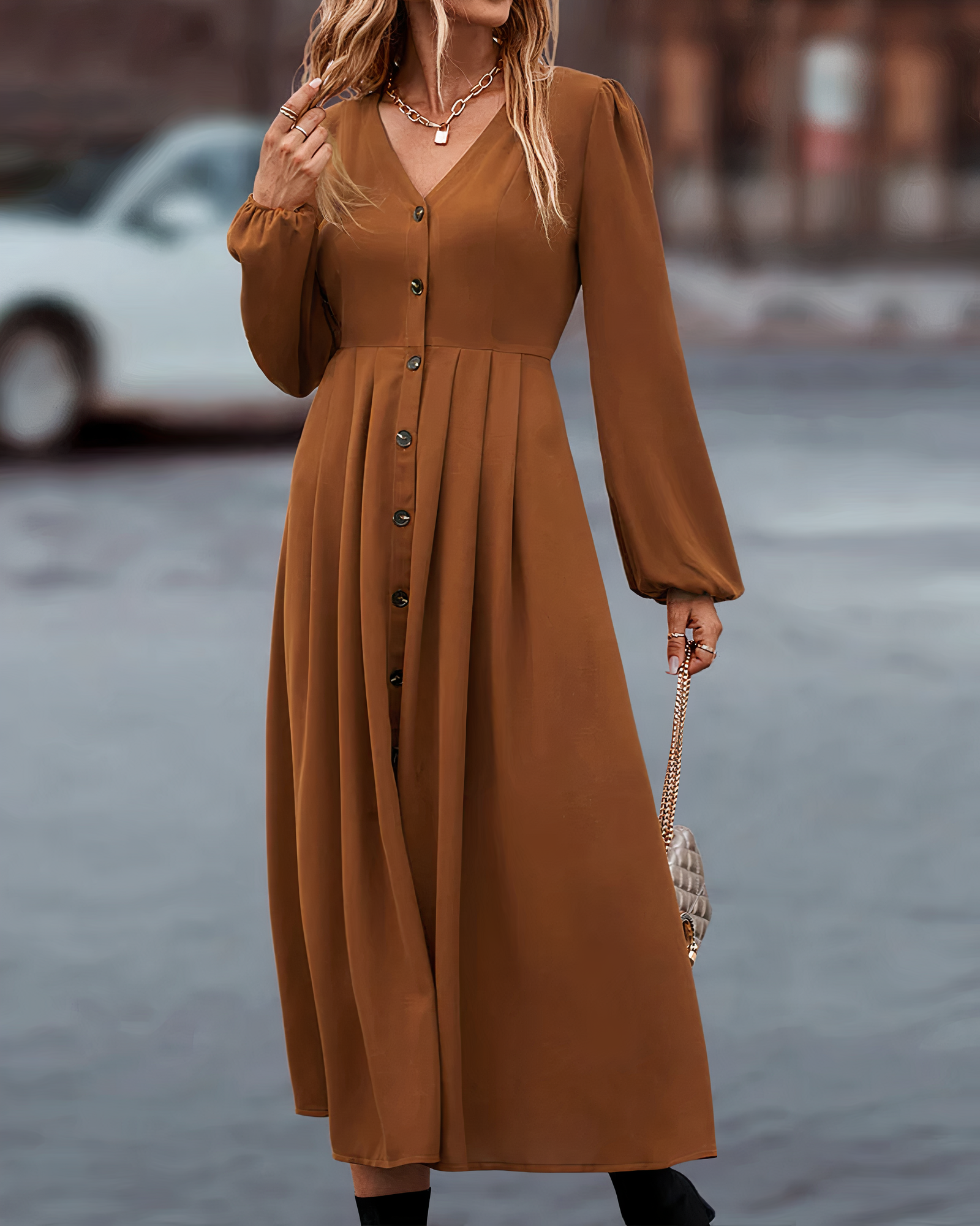 Deep V-Neck Button Front Puff Sleeve Empire Waist Pleated A-Line Midi Dress